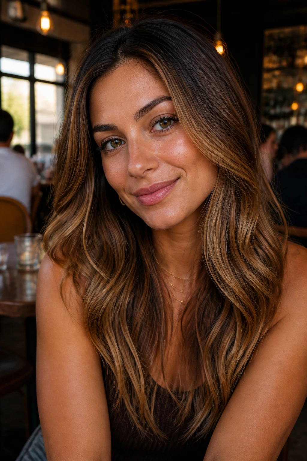 Close-up portrait with golden mocha hair on olive skin