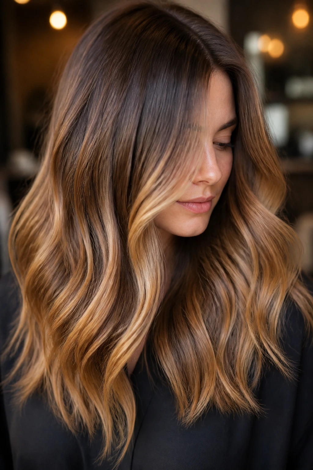 Portrait of mocha-based hair with golden ribbons and shadow root on pale skin.