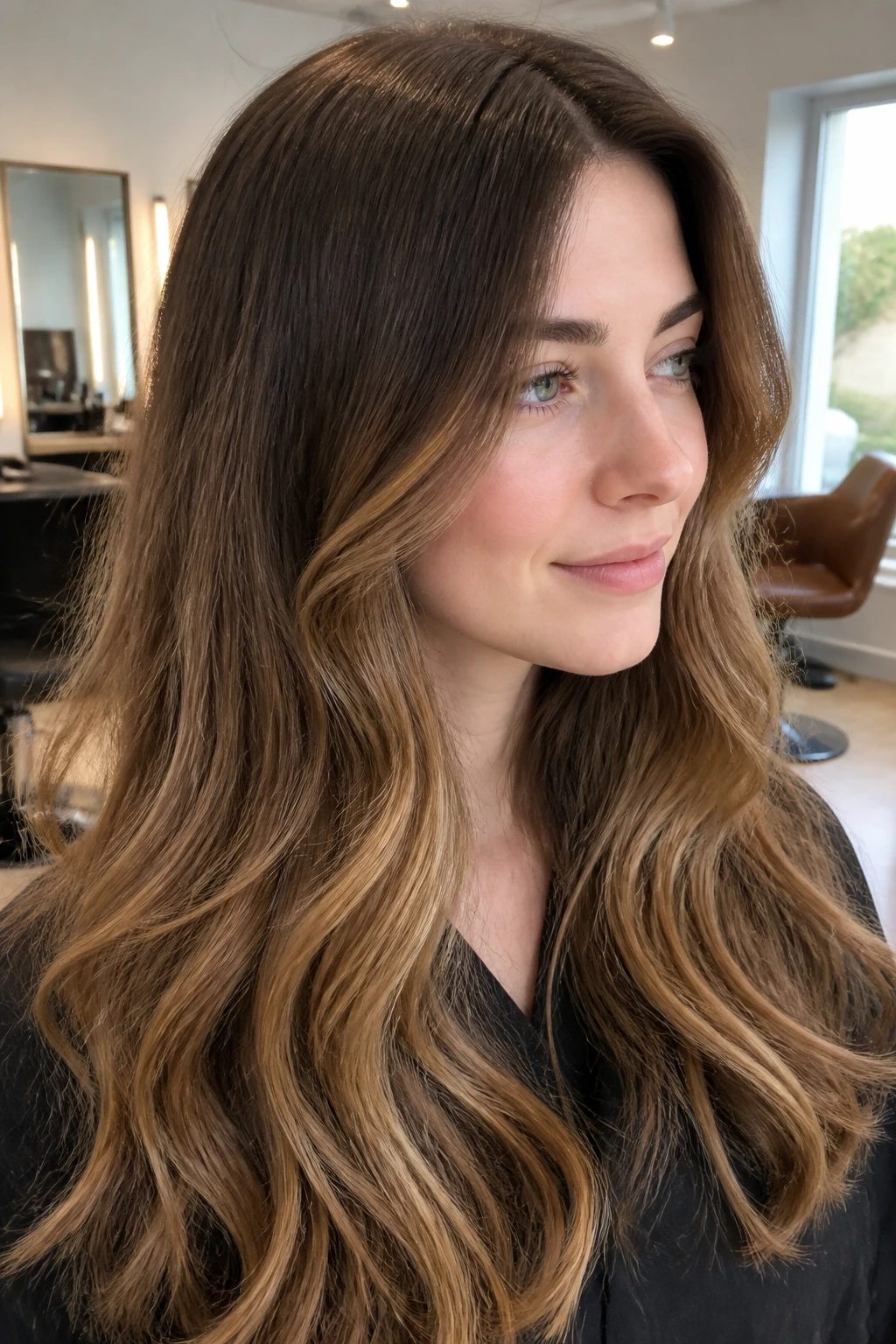Portrait of a real woman with Golden Mocha Sombre hair in soft daylight, mocha roots fading to golden brown