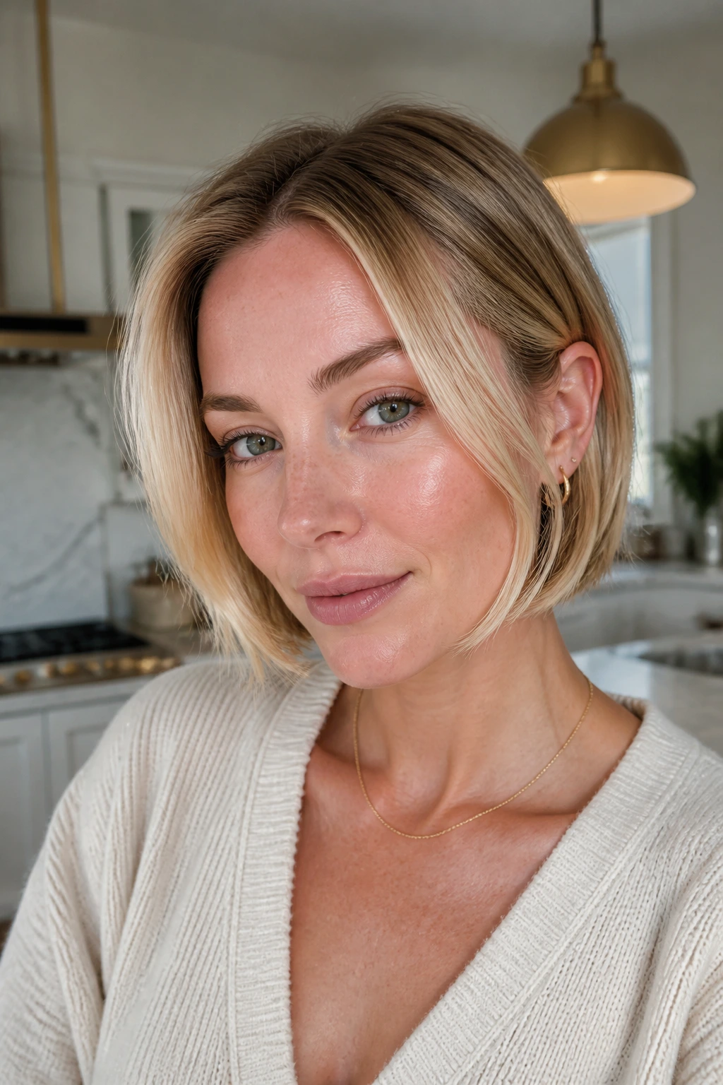Portrait of person with chin-length bob and golden money pieces