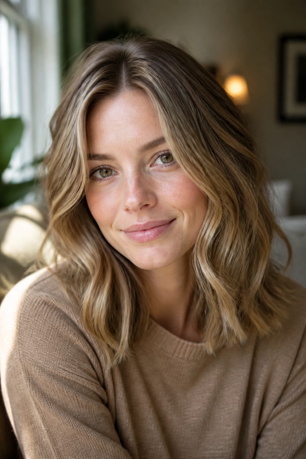 Close-up portrait of a real woman with Golden Mushroom Bronde hair by a sunlit window
