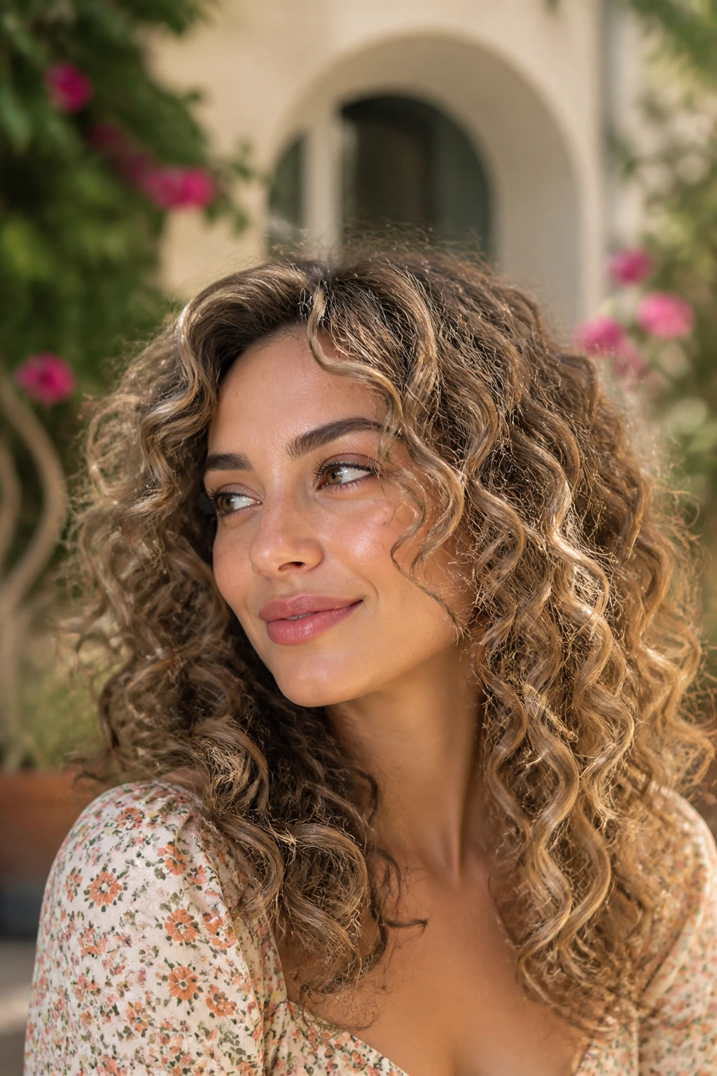 Loose curls with golden oat babylights in warm light
