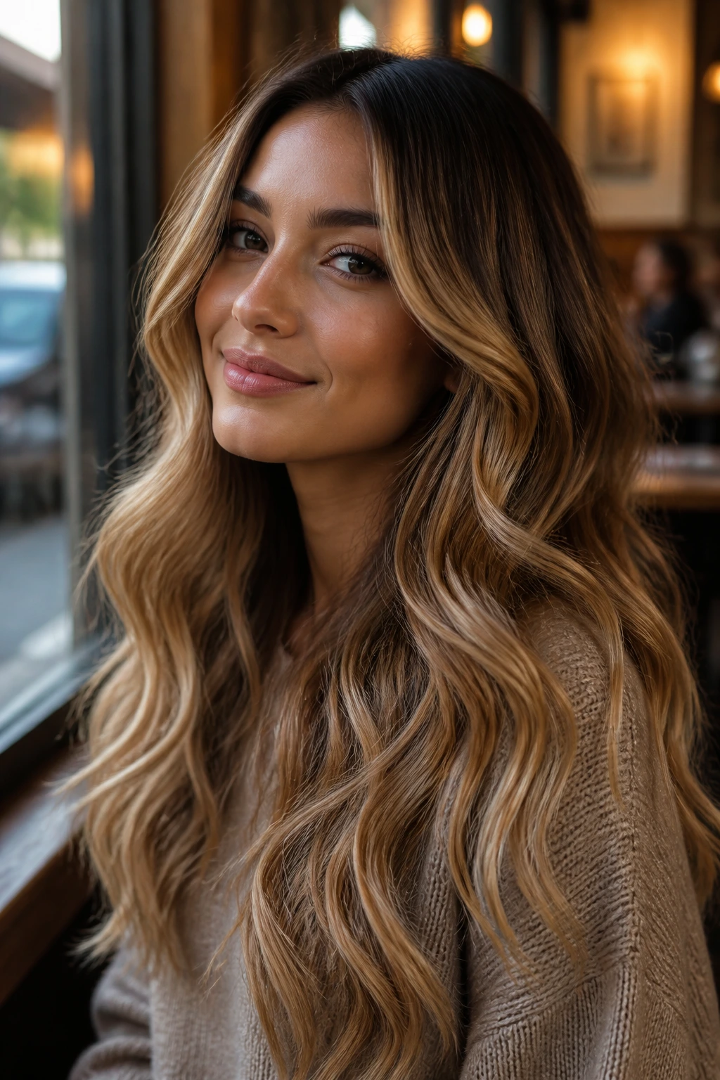 Close-up of brunette with golden oat balayage in soft curls by cafe window