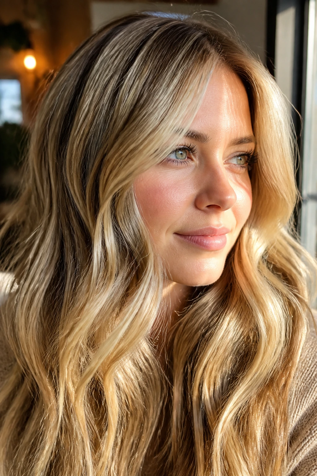 Close-up of a real woman with golden oat blonde hair and espresso veins