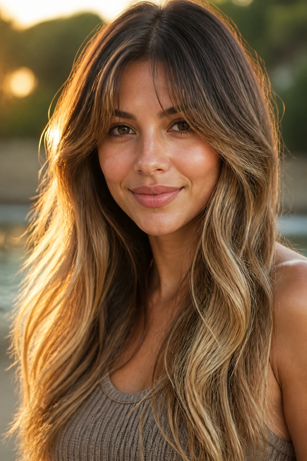 Long hair with golden ombré and airy curtain fringe in warm light