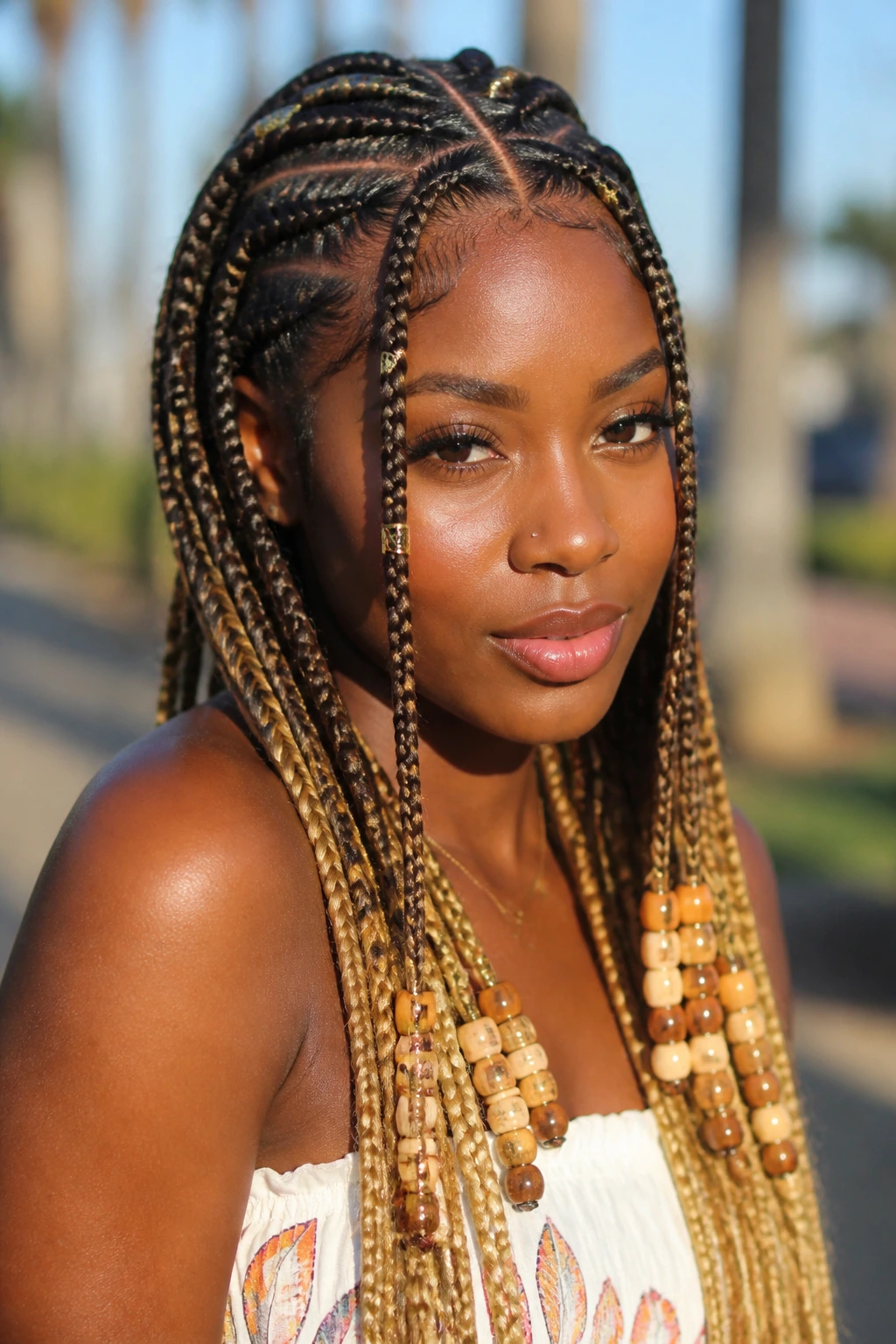 Close-up of golden ombré Fulani braids on a real person.