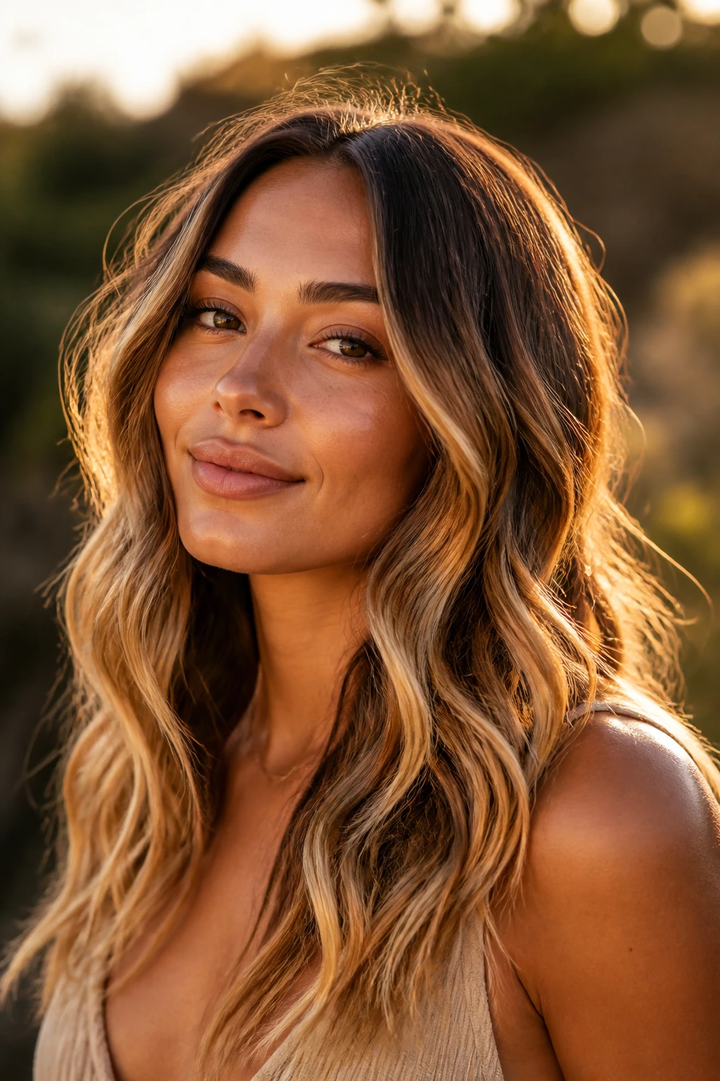 Close-up portrait of a real woman with golden ombré waves at golden hour.