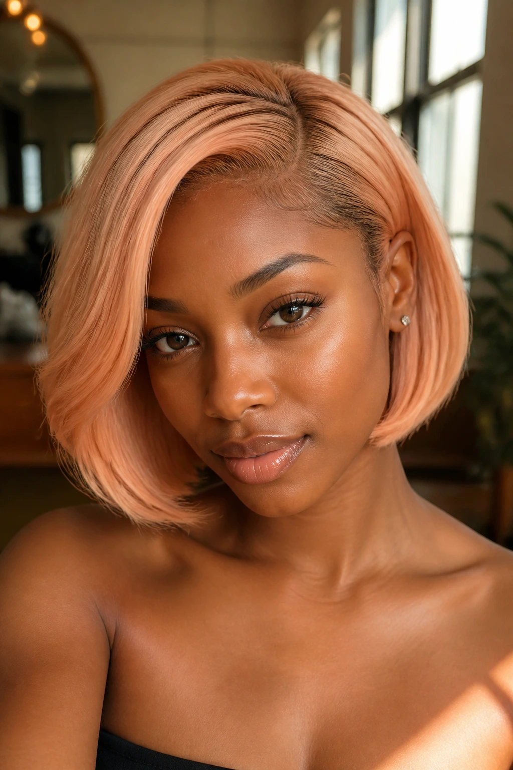 Portrait of a person with a golden peach bob and subtle peach tone