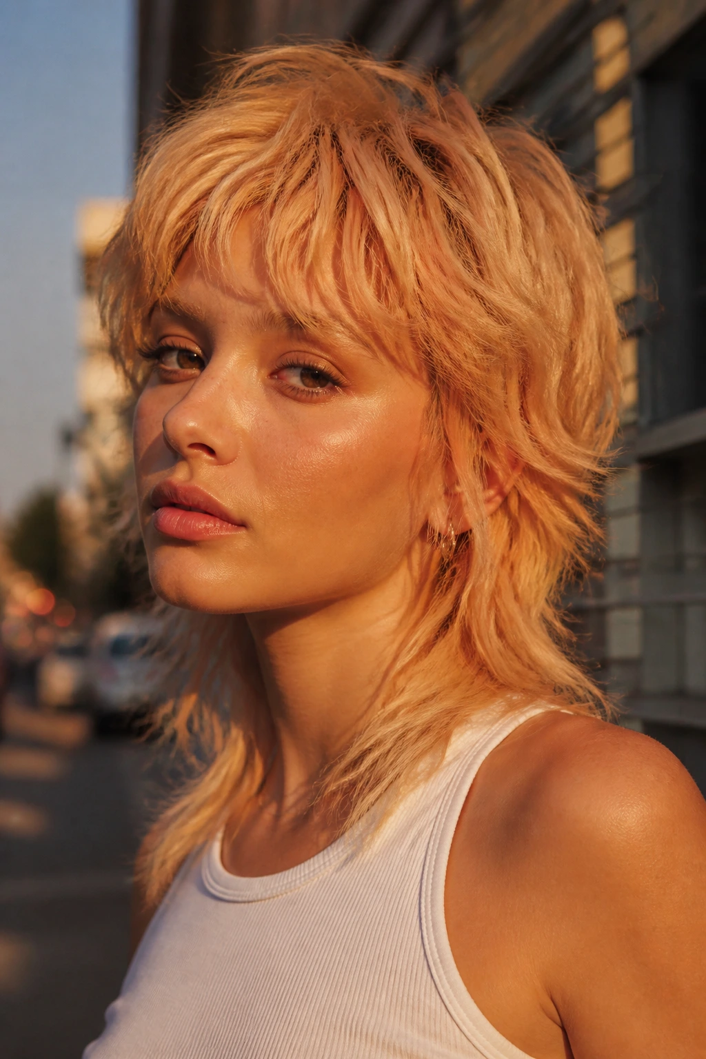 Portrait of a real woman with a golden peach blonde soft mullet
