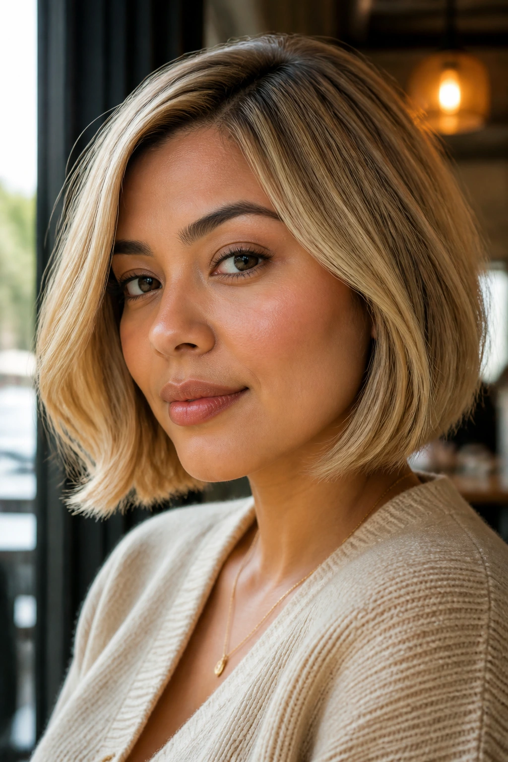 Close-up portrait of a real woman with a chin-length bob in golden pearl blonde