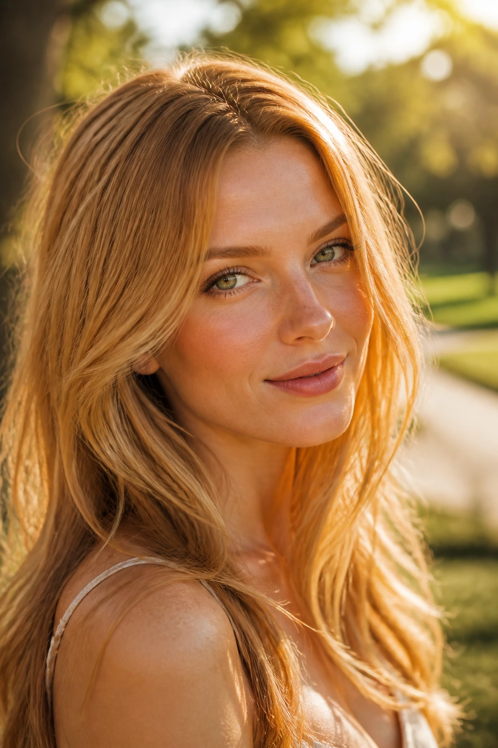 Close-up of a real person with golden penny blonde hair in golden hour light