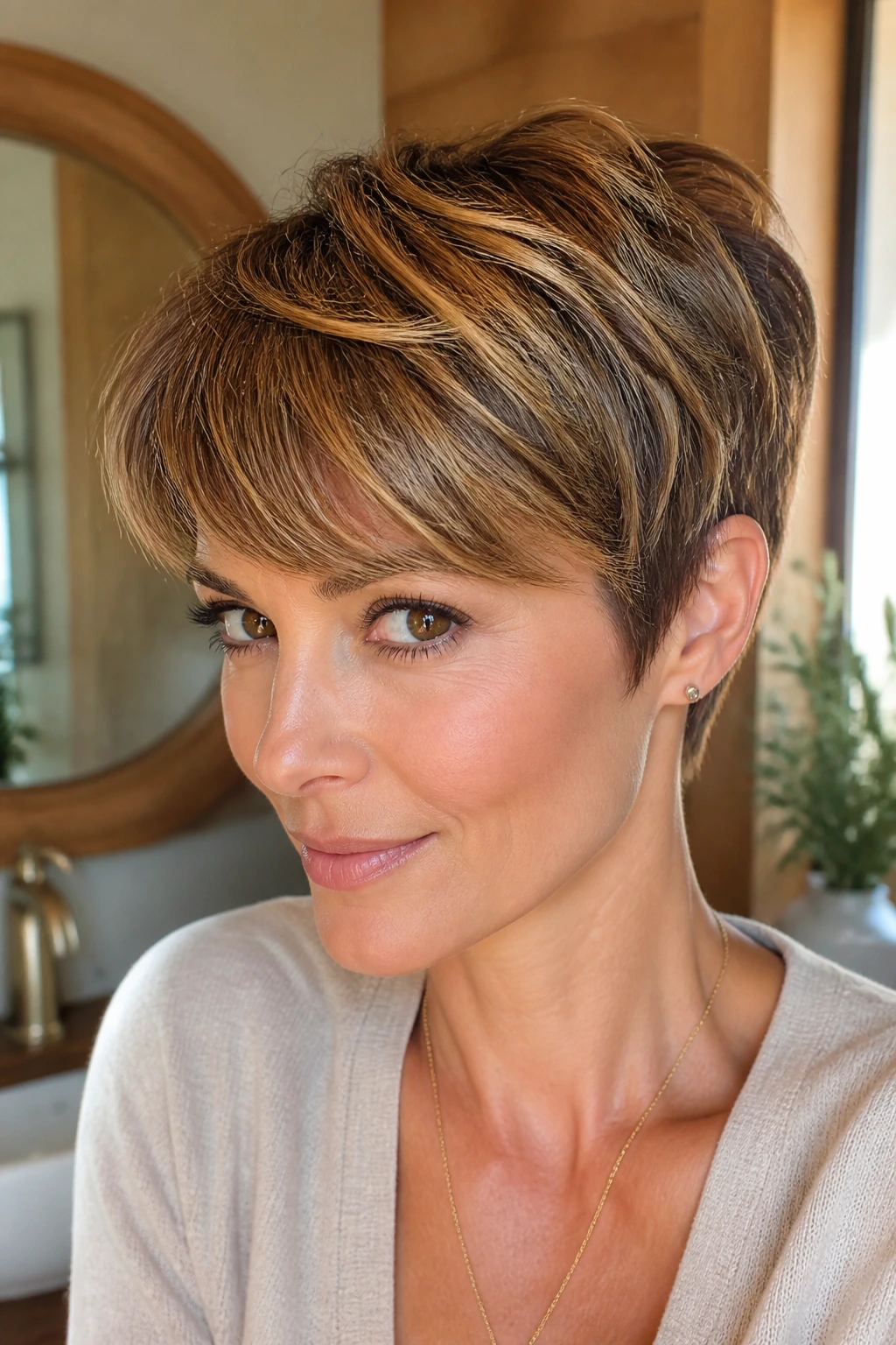 Real person with golden caramel highlights in a pixie cut in natural light