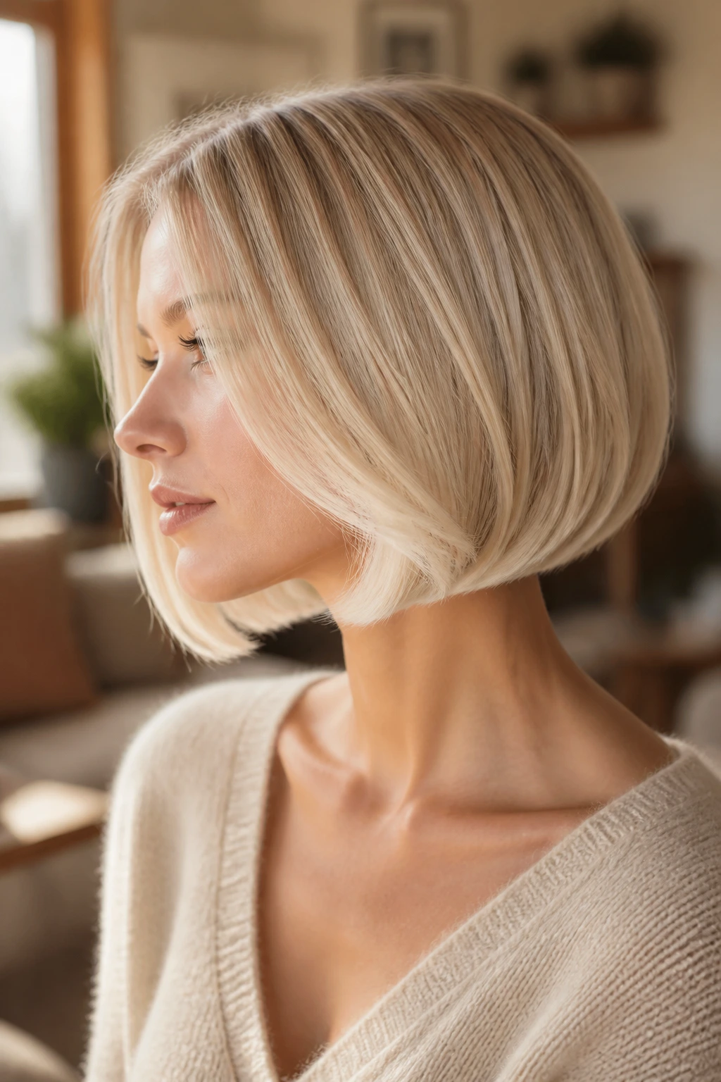 Side-profile real woman with golden platinum bob and tucked ends