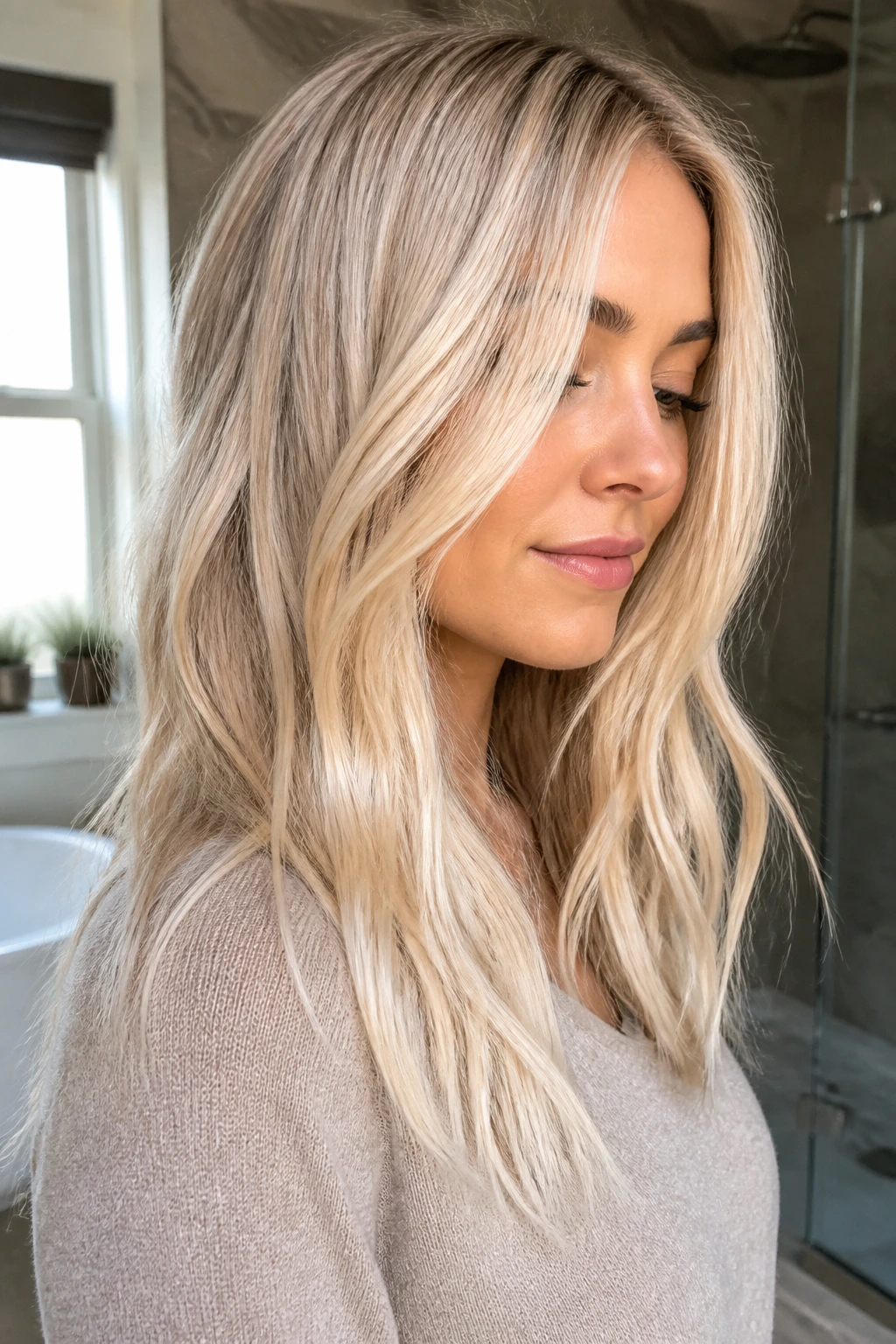 Portrait of a woman with golden platinum hair and beige-gold gloss in natural light