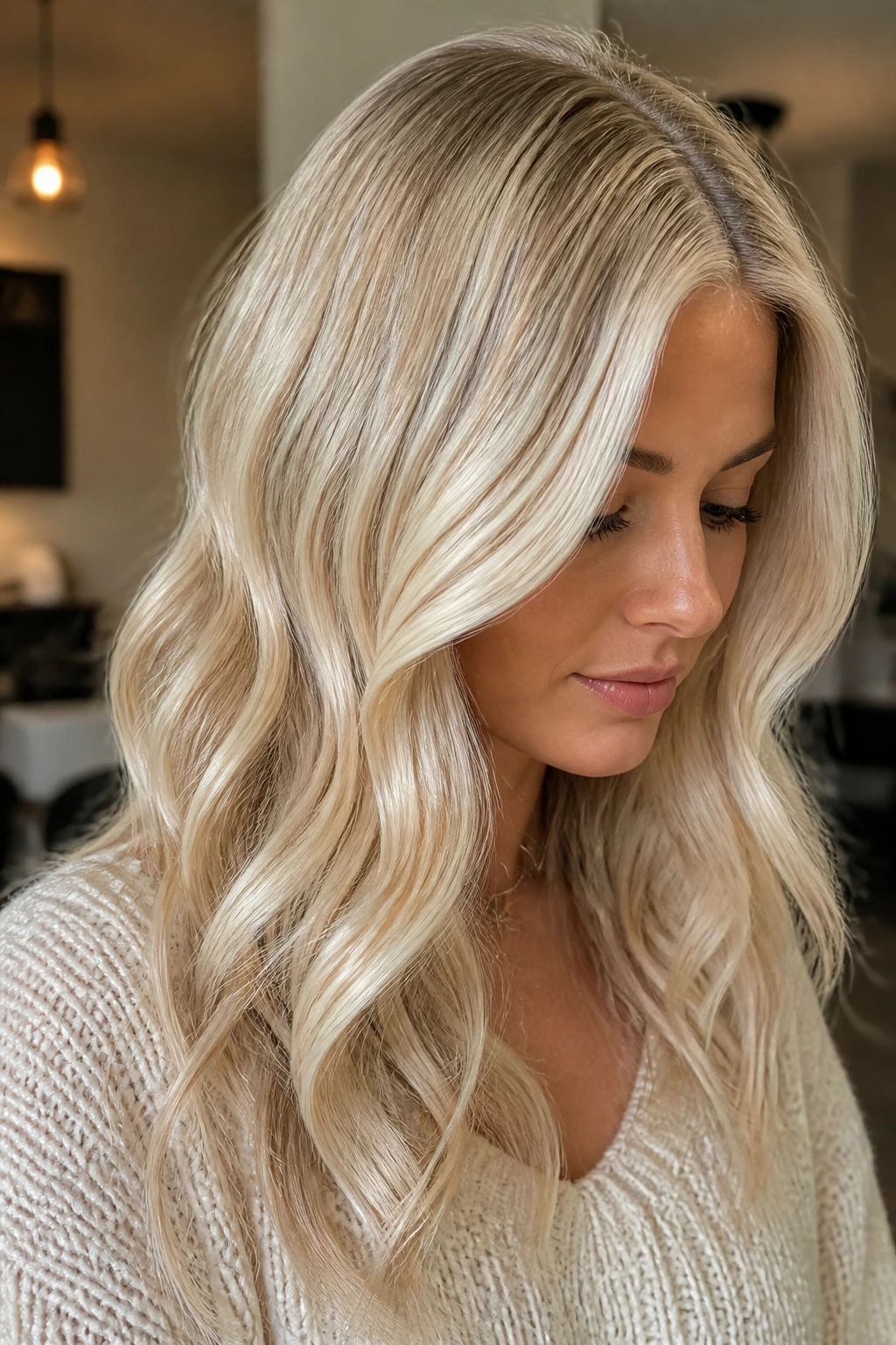Close-up of a real person showing golden platinum hair read soft, not brassy.
