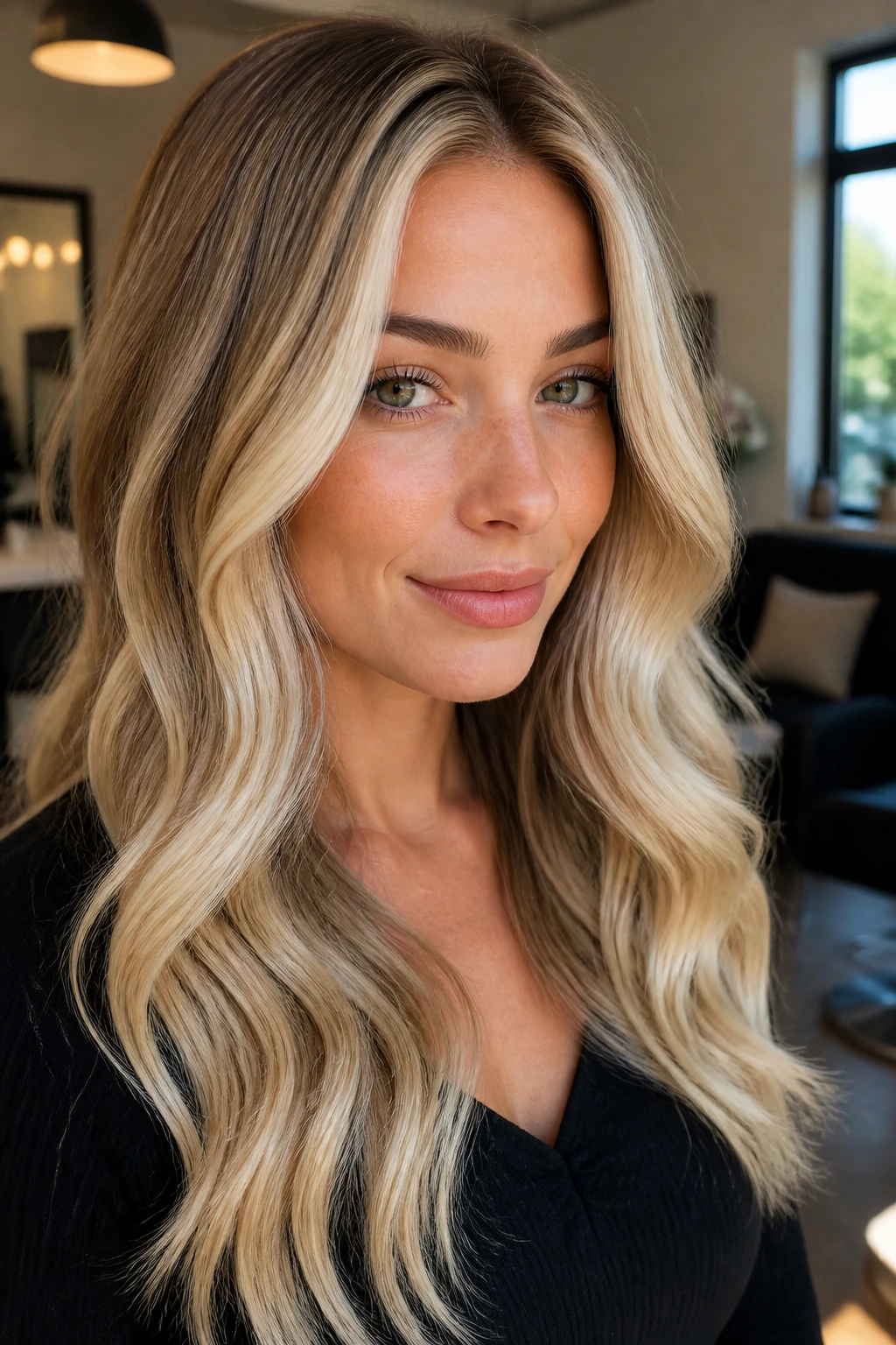 Real woman with loose waves showing face-framing color placement.