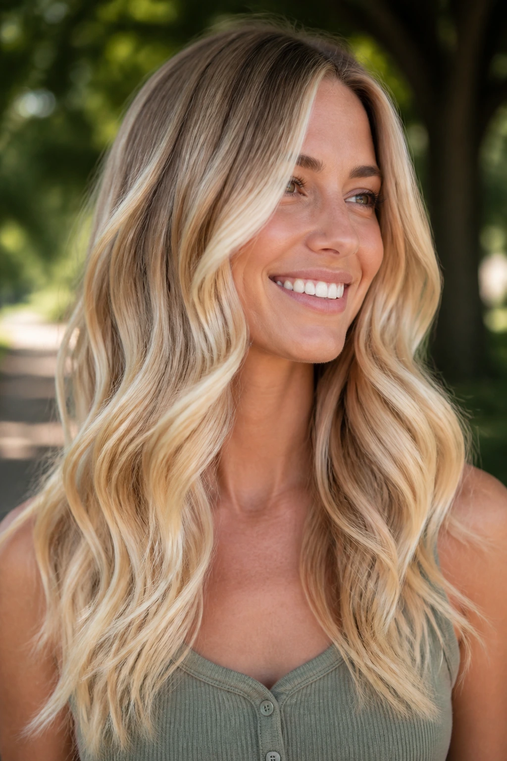 Head-and-shoulders portrait of a real person with golden ribbon balayage