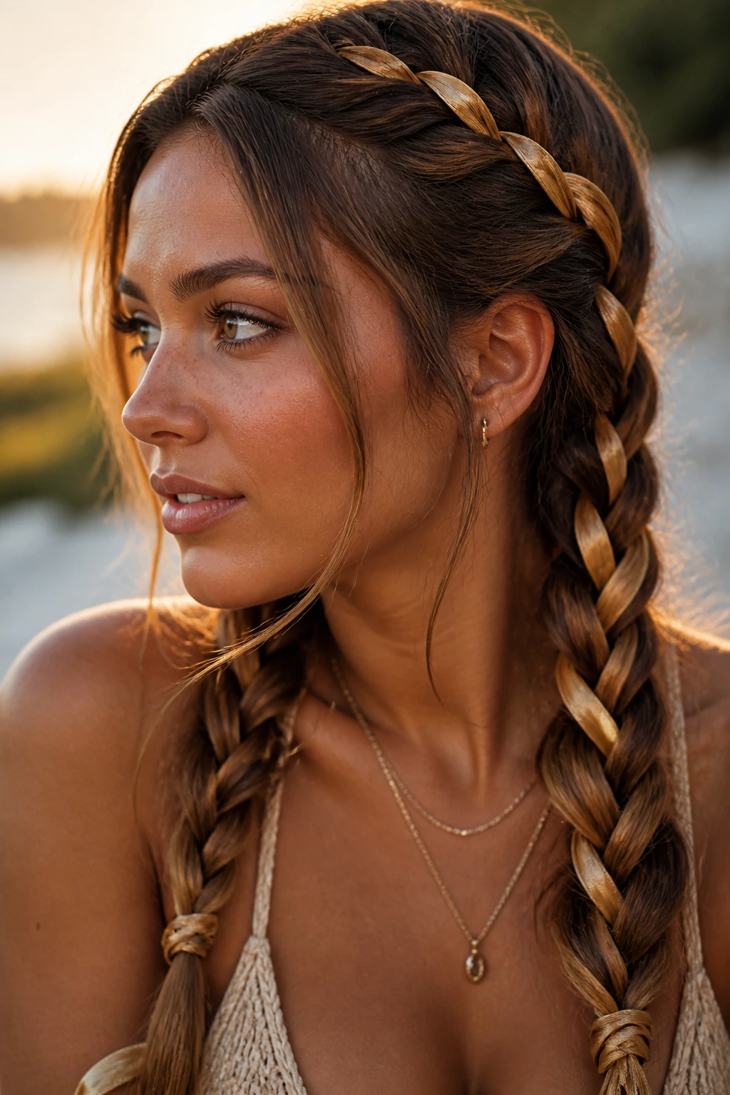 Close-up of a real woman with Golden Ribbon Braids woven into brunette hair