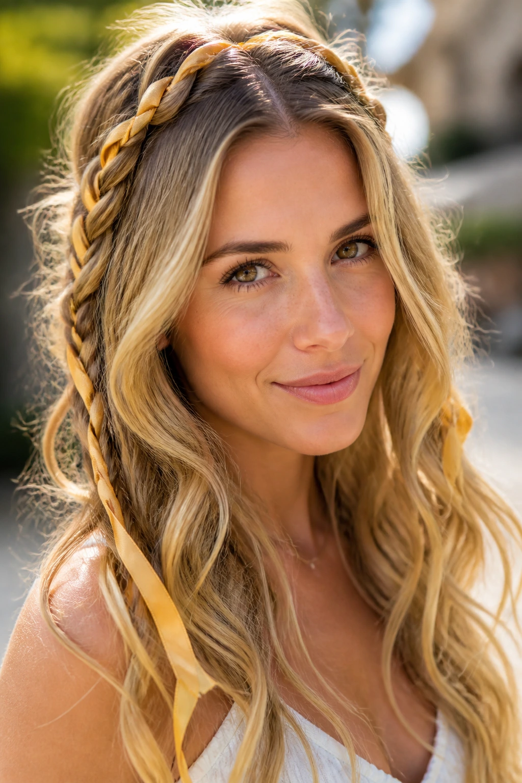 Close-up of a woman with golden ribbon braids and waves