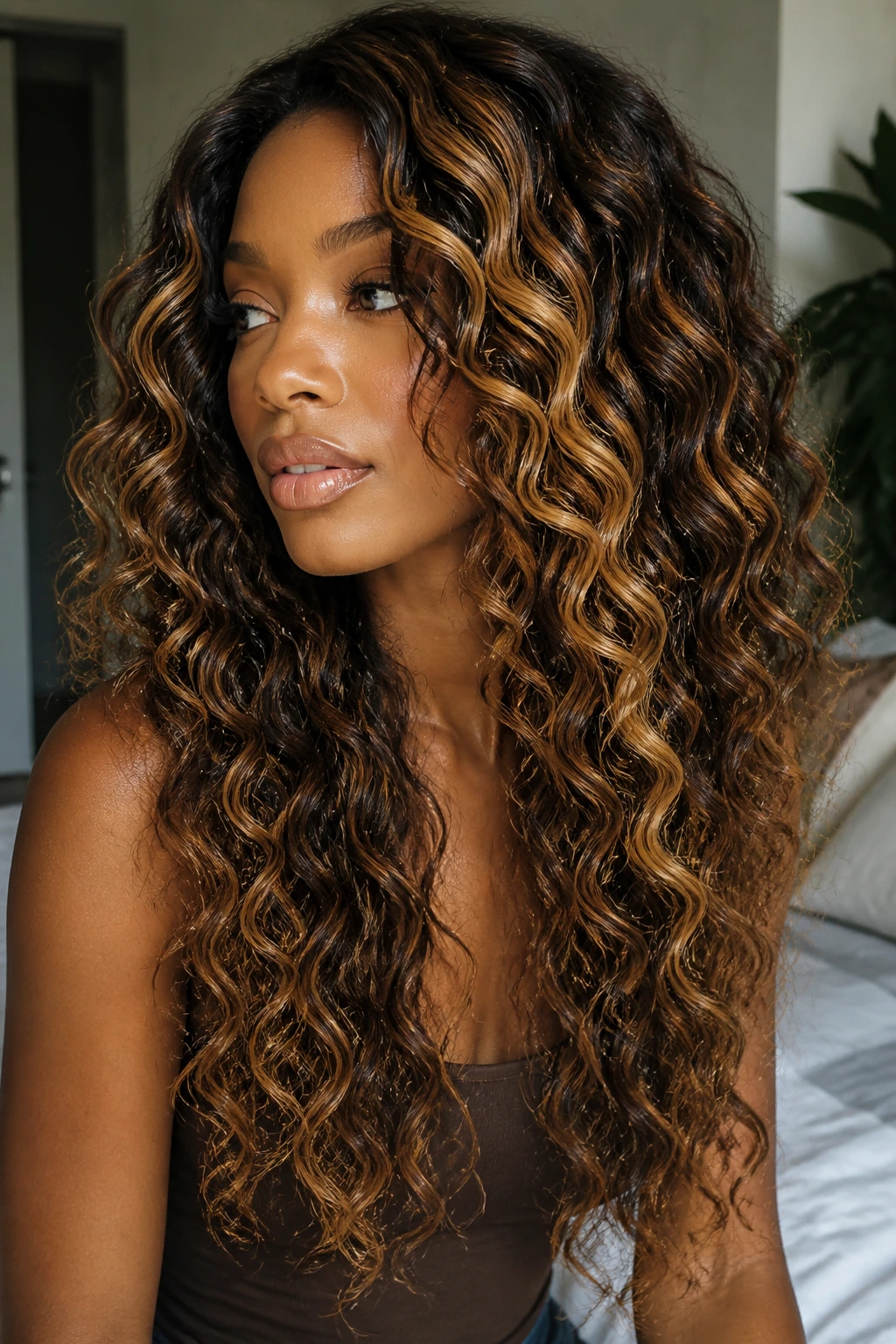 Long curly hair with golden ribbon balayage highlighting outer curls