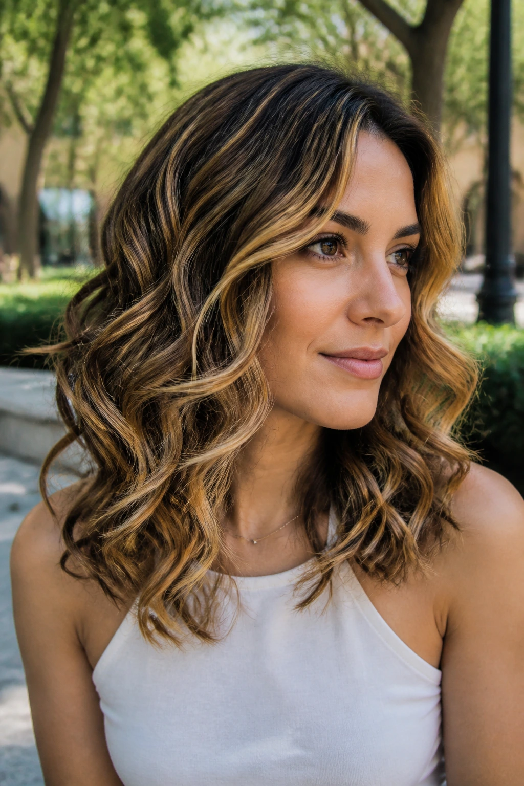 Woman with medium-length curls and golden ribbons outdoors in daylight