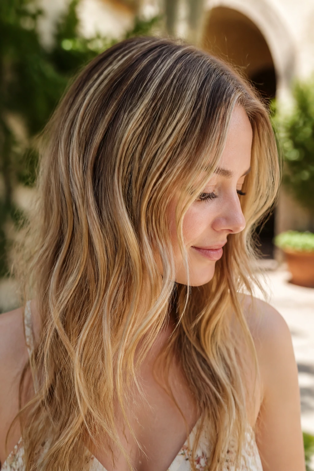 Hair with thin golden ribbon highlights catching light in outdoor setting