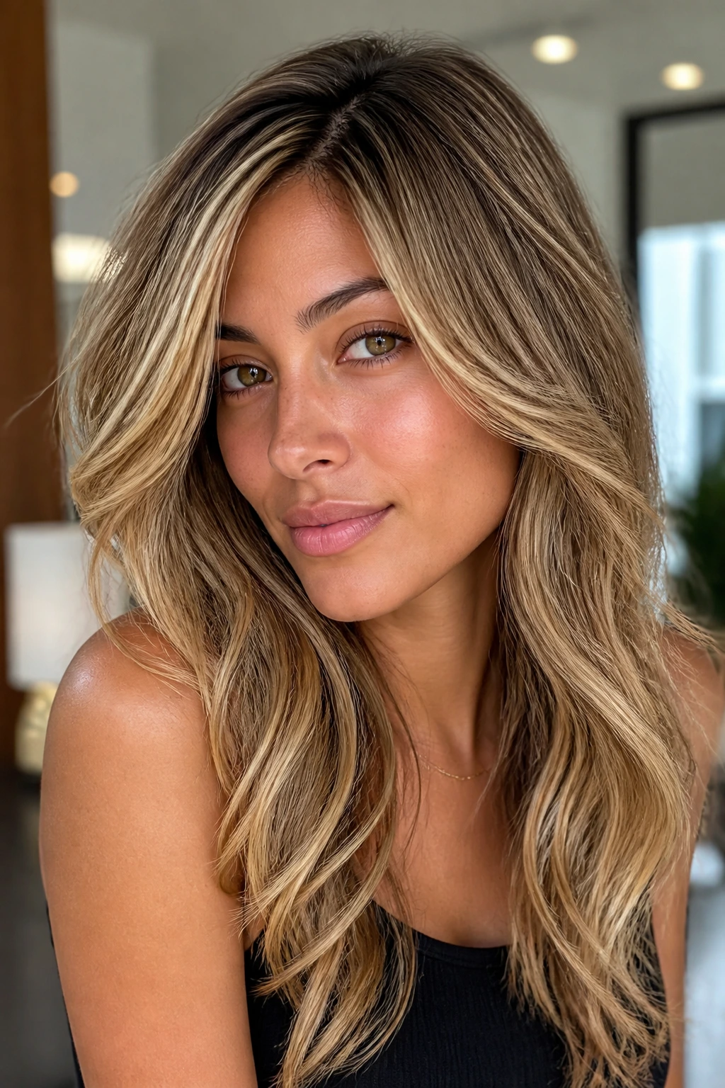 Hair with golden ribbon highlights around the face on olive skin
