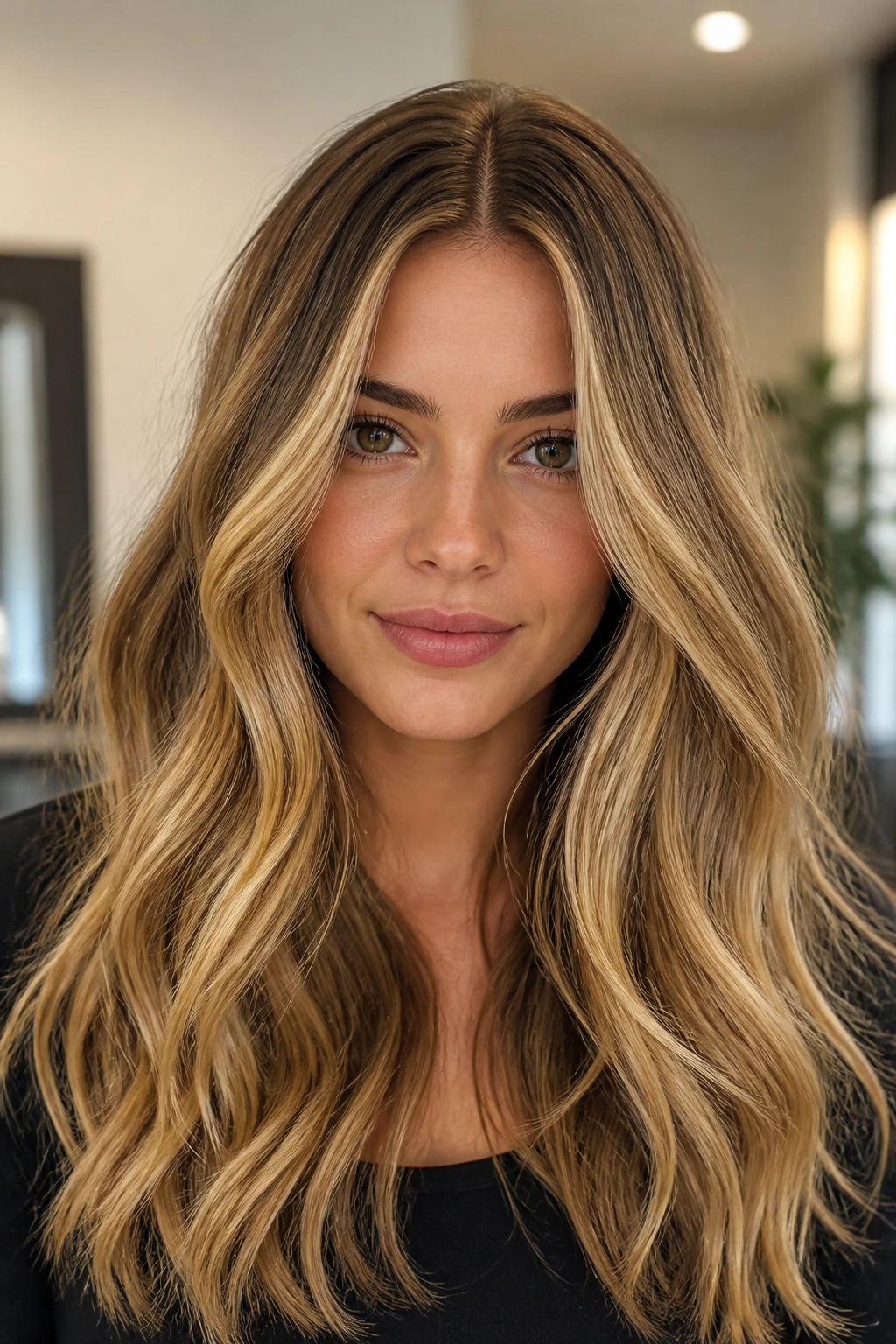 Long hair with golden ribbon highlights and a middle part.