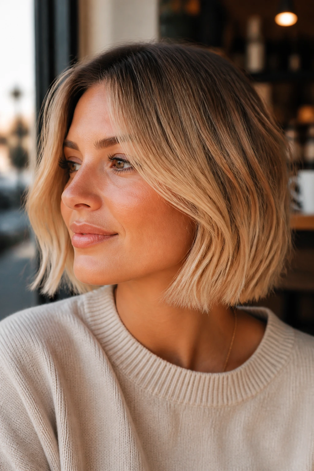Real woman with golden root melt bob in warm cafe light