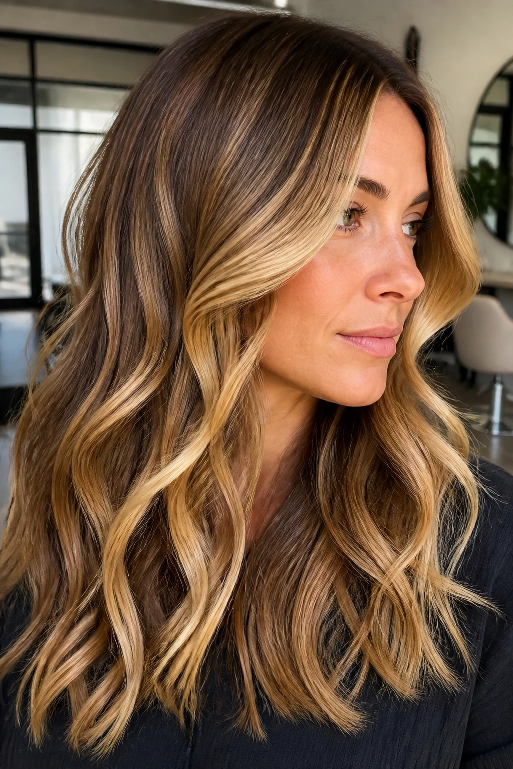 Real person with thin golden S-bend ribbons through mid-lengths.