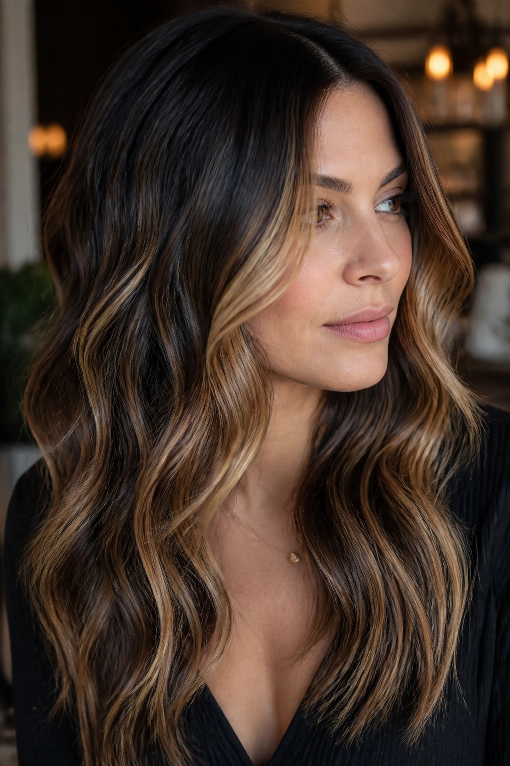 Close-up of a real woman with golden sable balayage