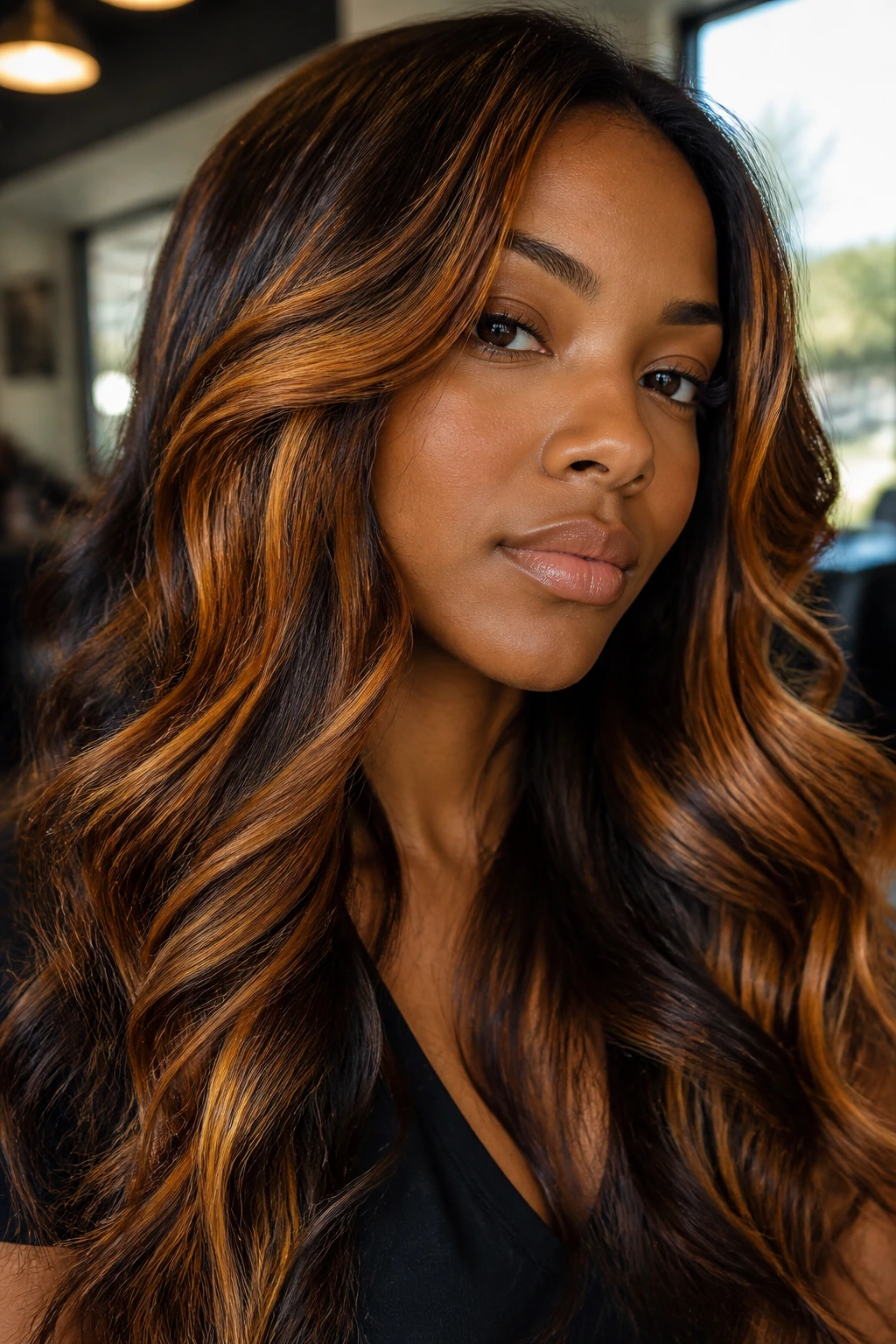 Close-up of a real person with dark brunette hair and golden saffron highlights