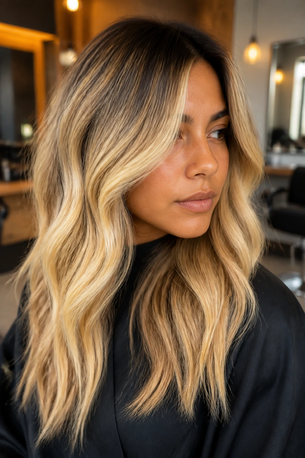Close-up of golden shadow root blonde on a real woman