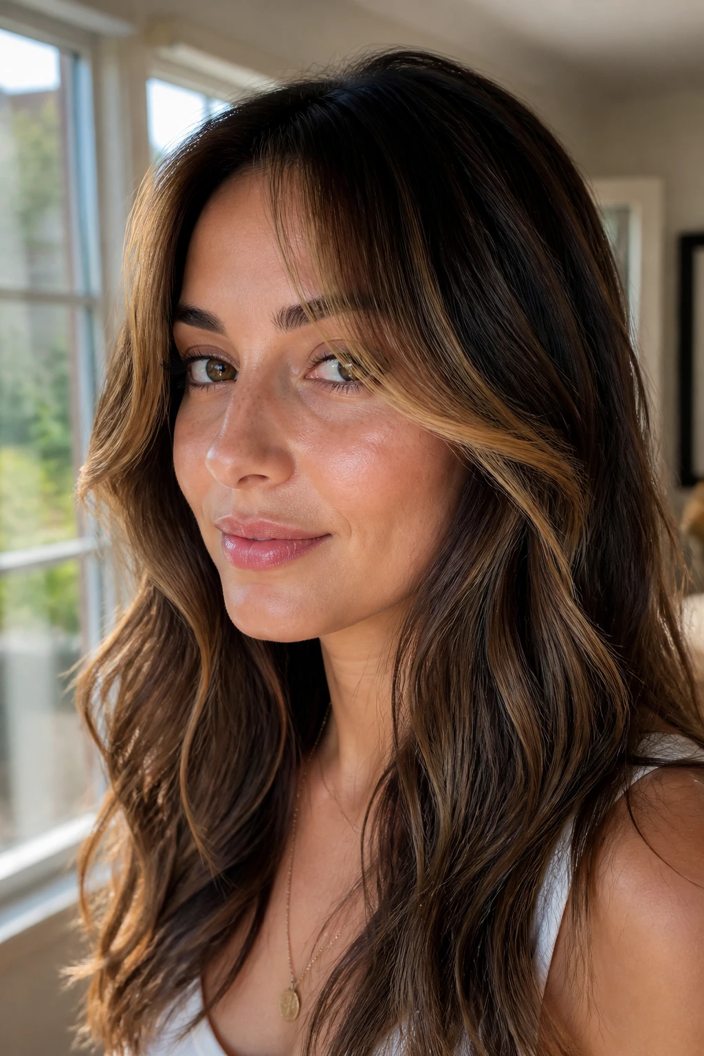 Close-up of curtain bangs with golden slices around the fringe in natural light