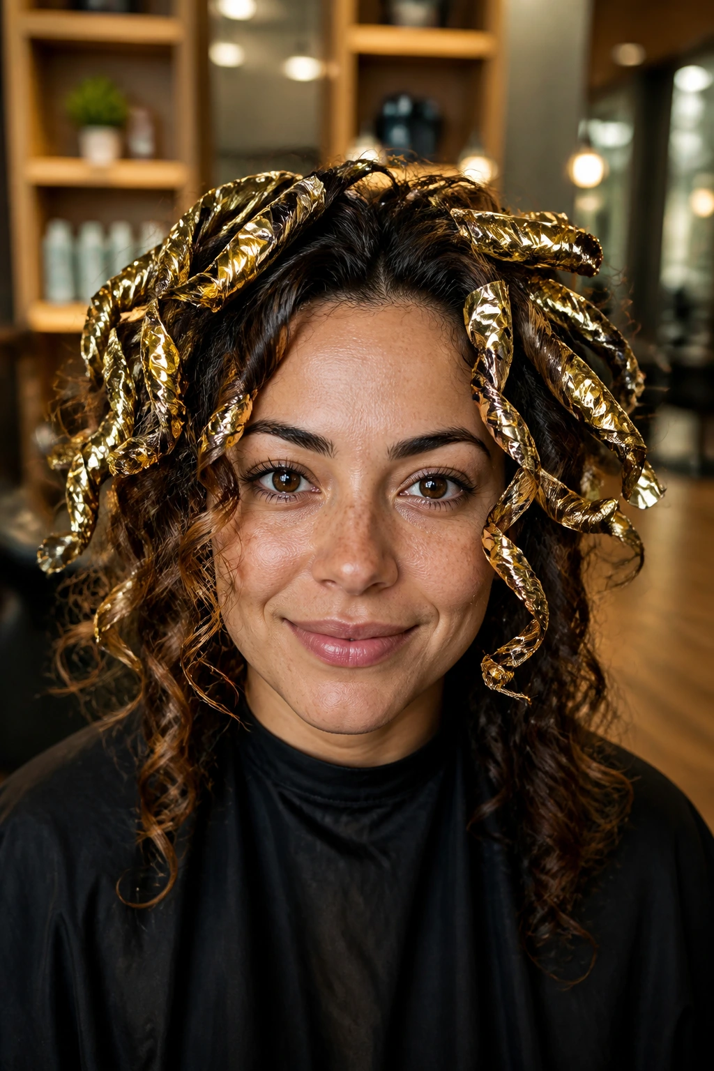 Close-up of a real woman's curly hair with golden spiral foils highlighting the curls.