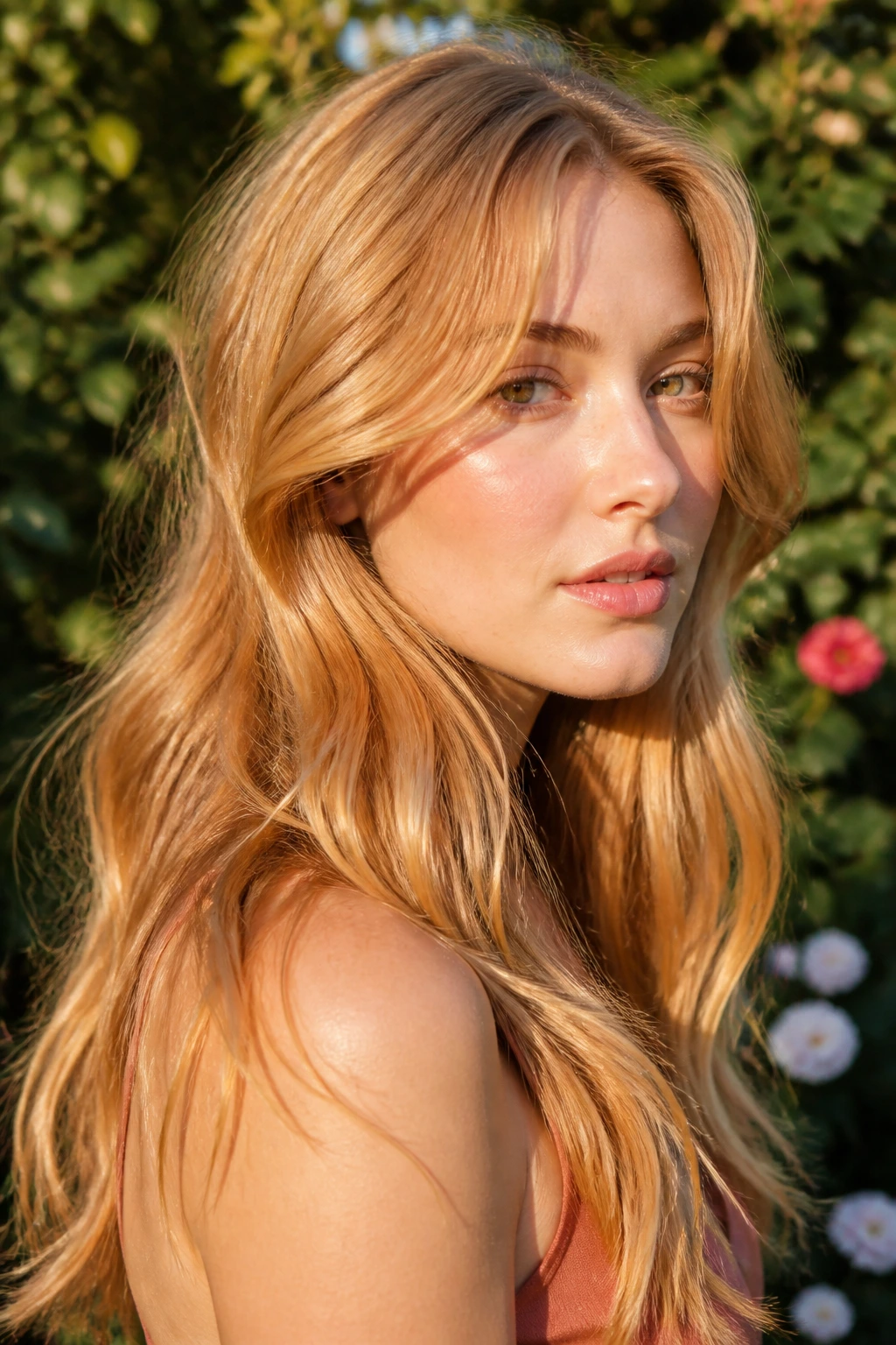 Close-up of a real woman with golden strawberry balayage showing dimensional color