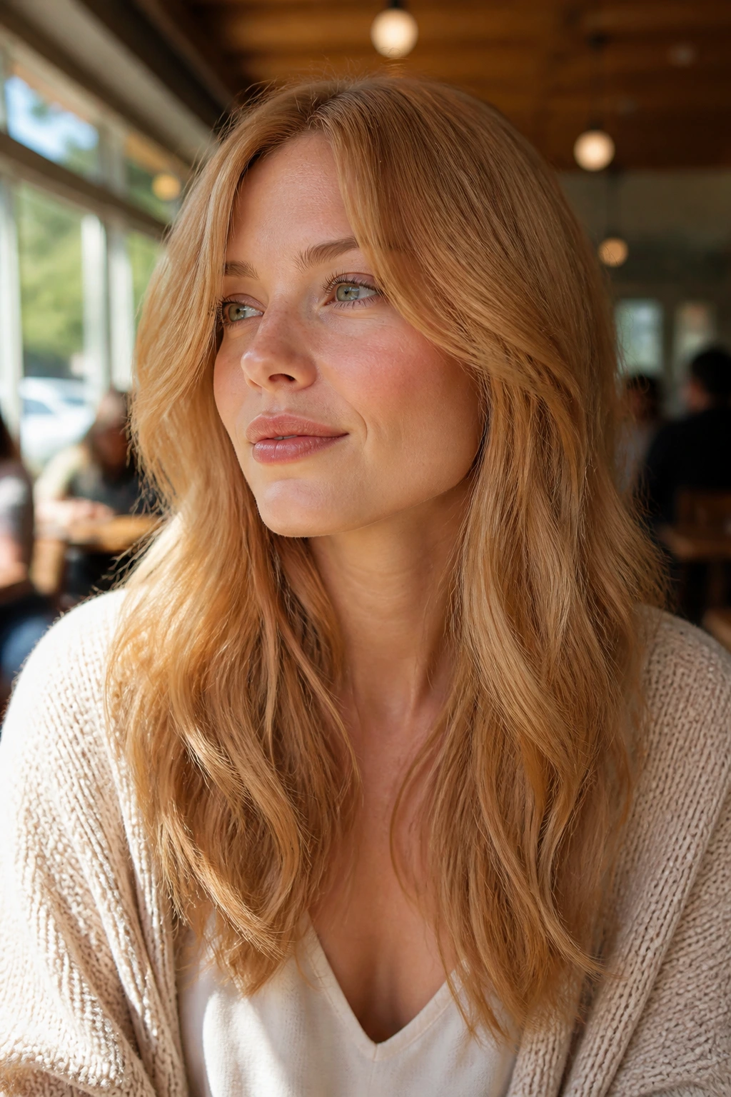 Close-up portrait of a real woman with golden strawberry blonde hair in a warm café setting