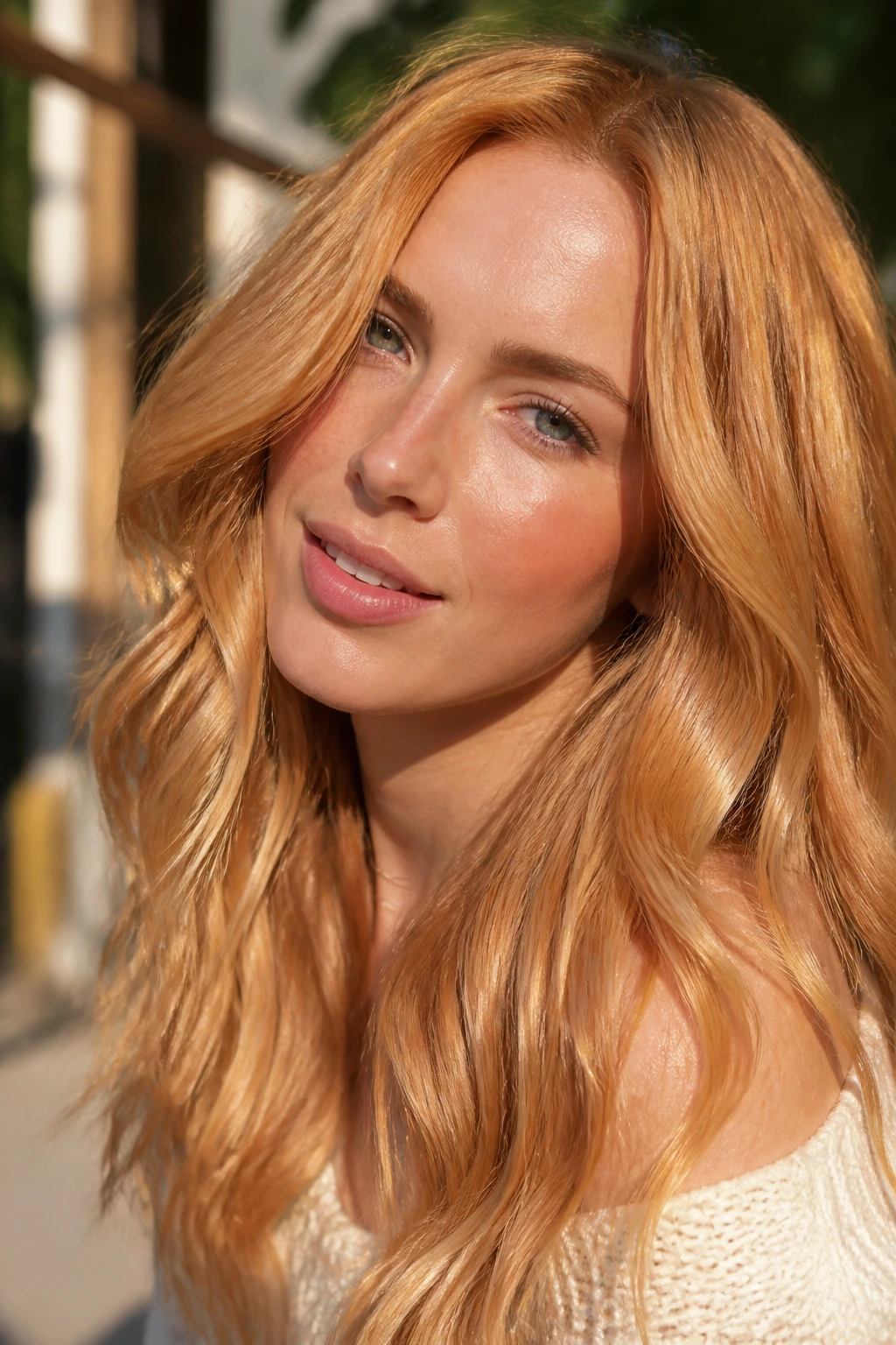 Portrait of a person with multi tone hair showing range from peach to copper in natural light.