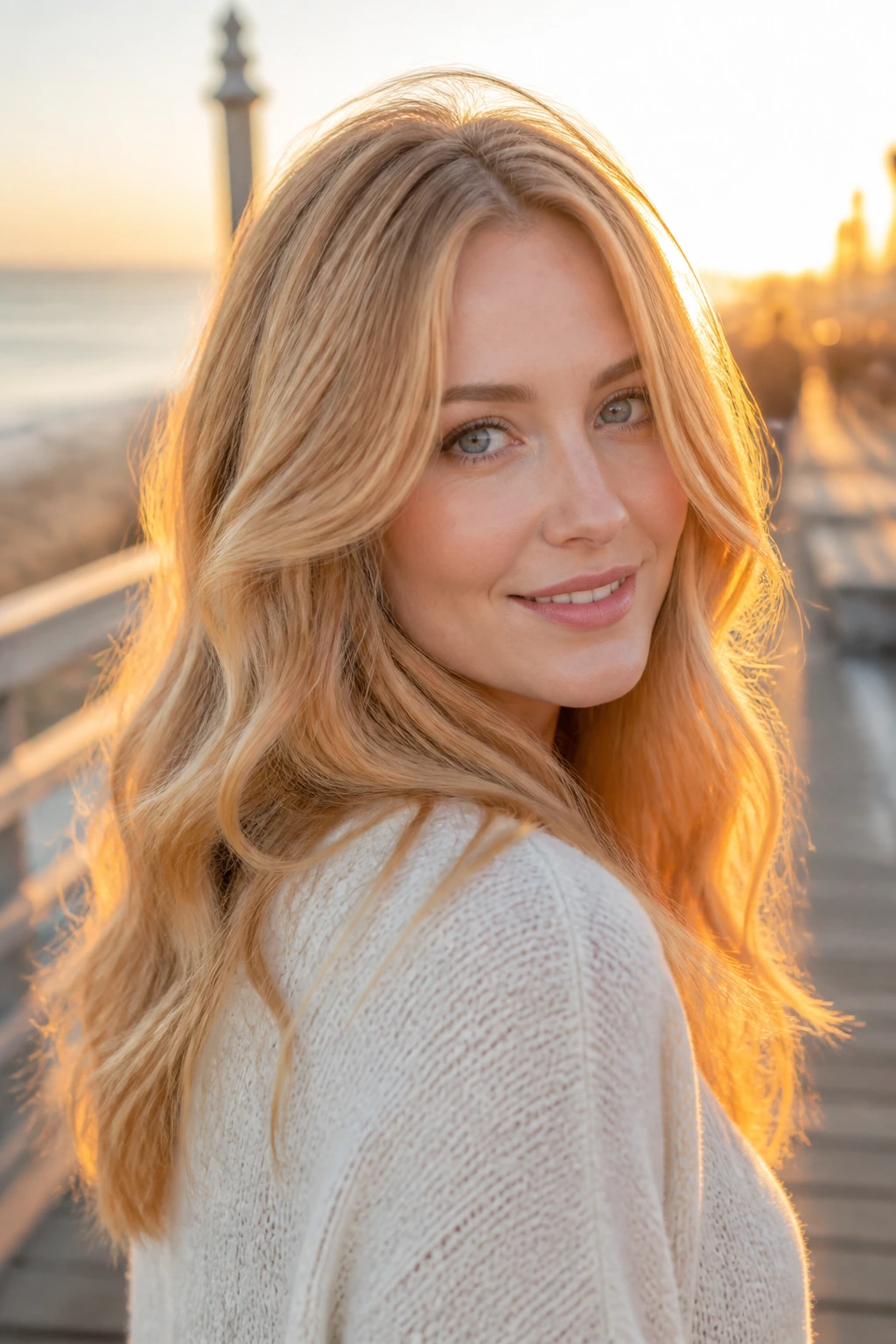 Close-up of a real woman with golden strawberry blonde hair and soft roots at the seaside