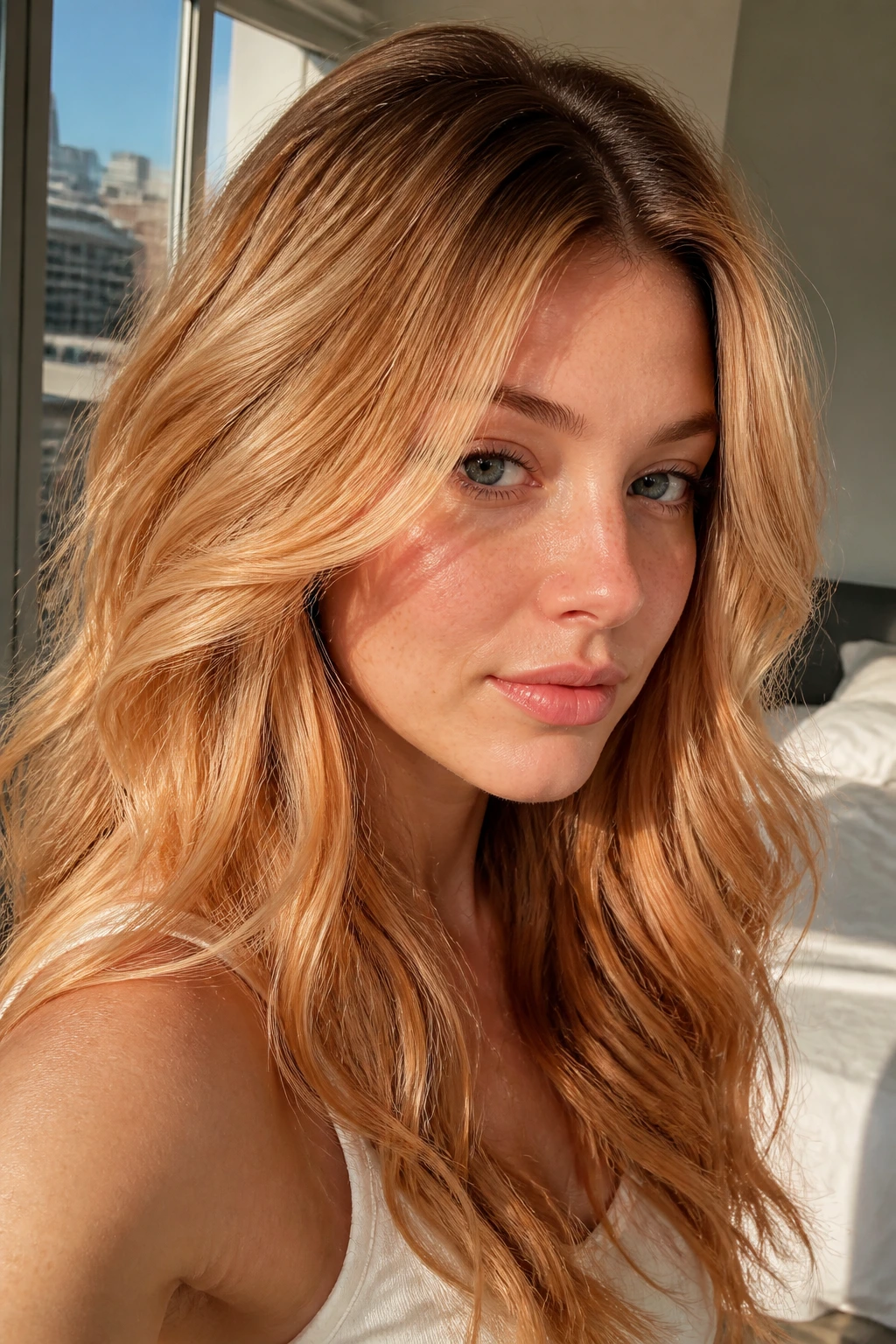 Close-up of a real woman with golden strawberry blonde shadowroot