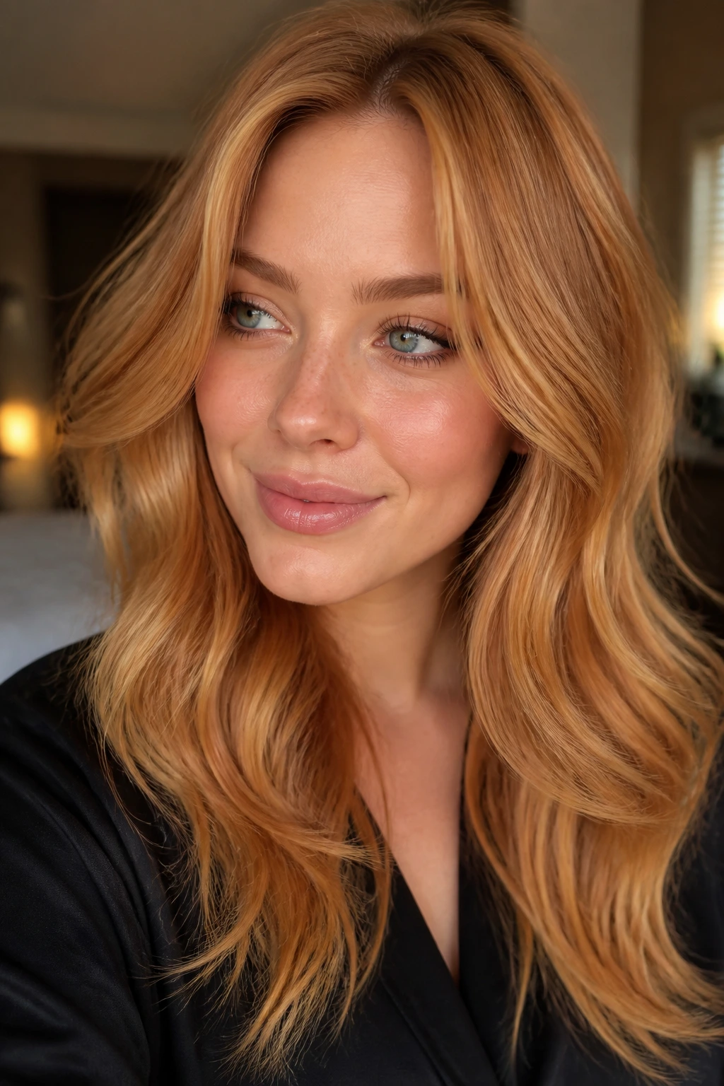 Close-up of a woman with golden strawberry blonde hair showing two-tone softness