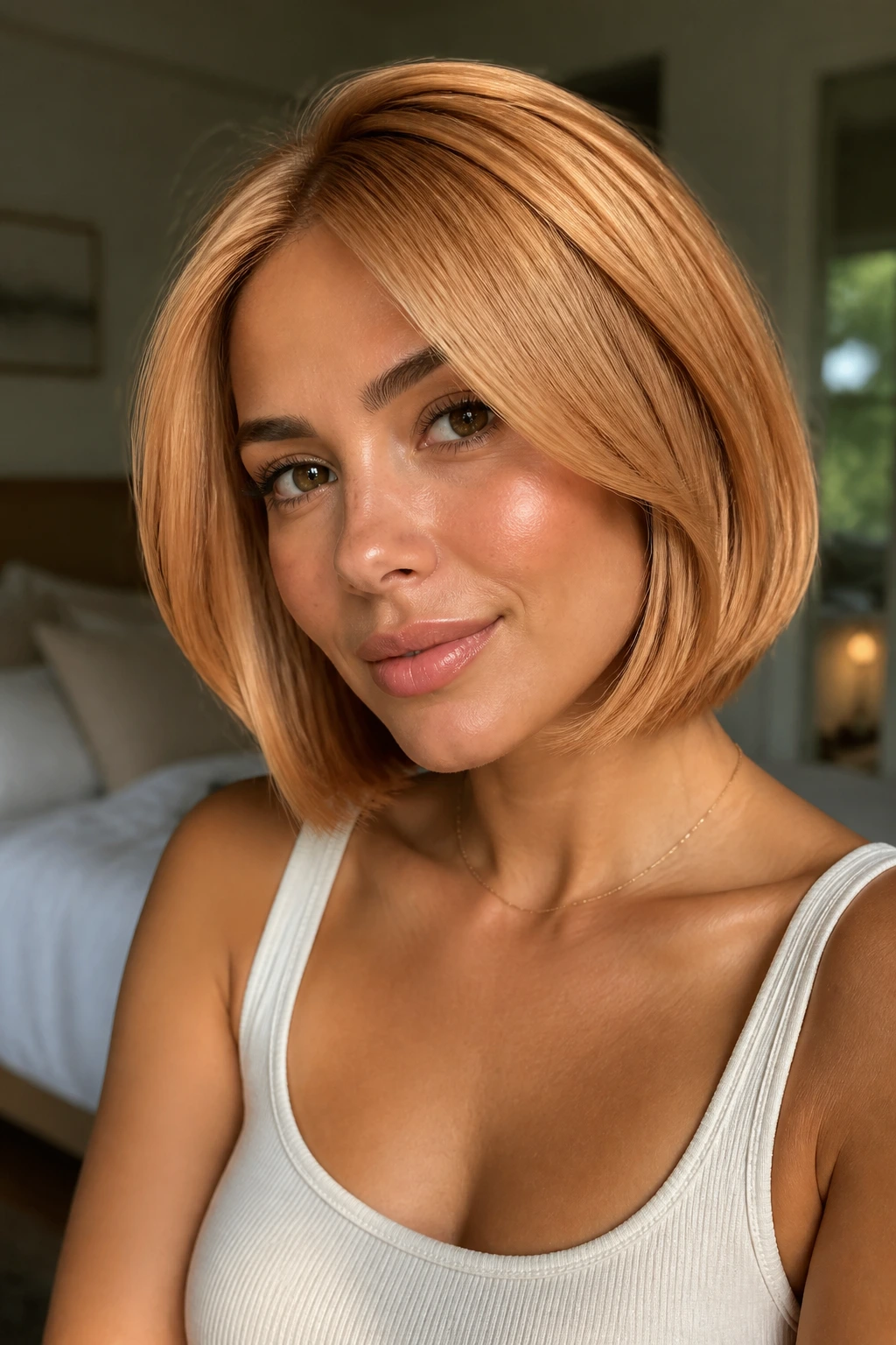 Close-up of a real woman with golden strawberry blonde bob on olive skin in warm window light