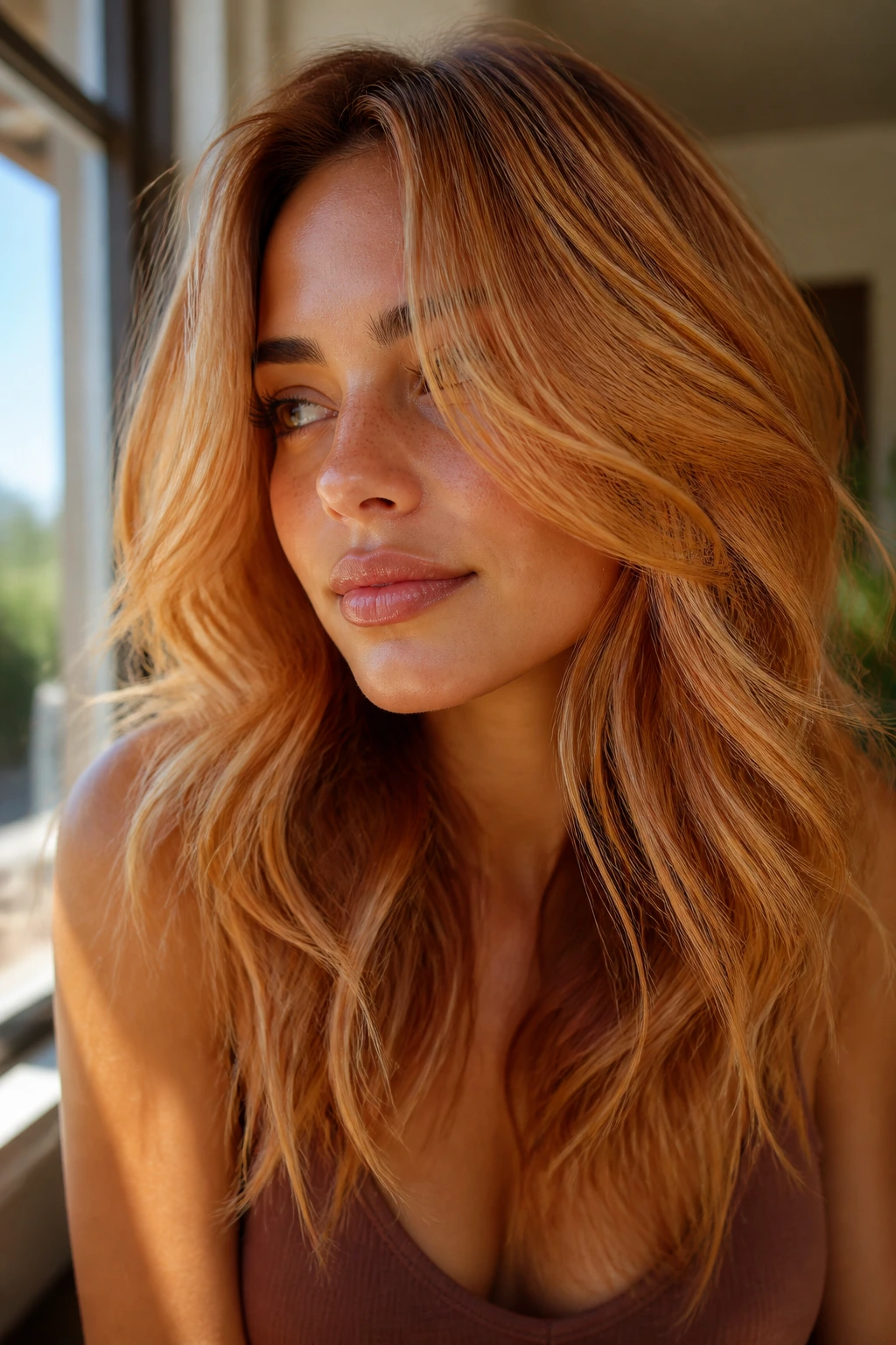 Close-up of real woman with golden strawberry layer lights hair catching sunlight
