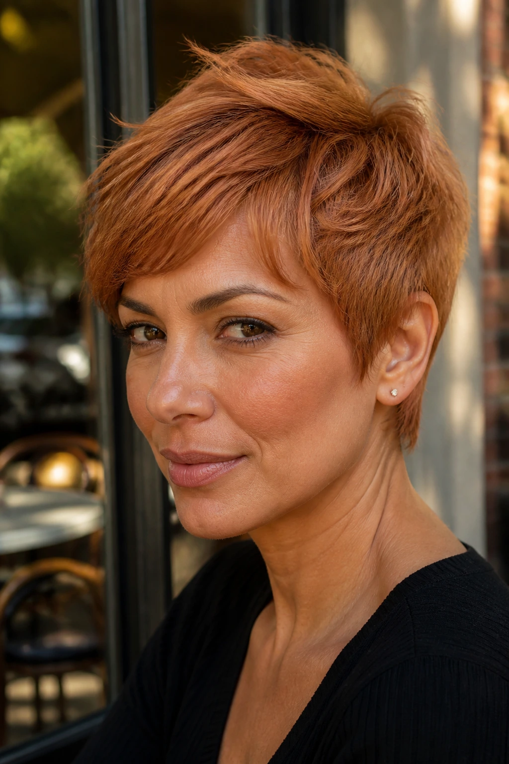 Close-up of a person with a golden strawberry pixie haircut in natural light.