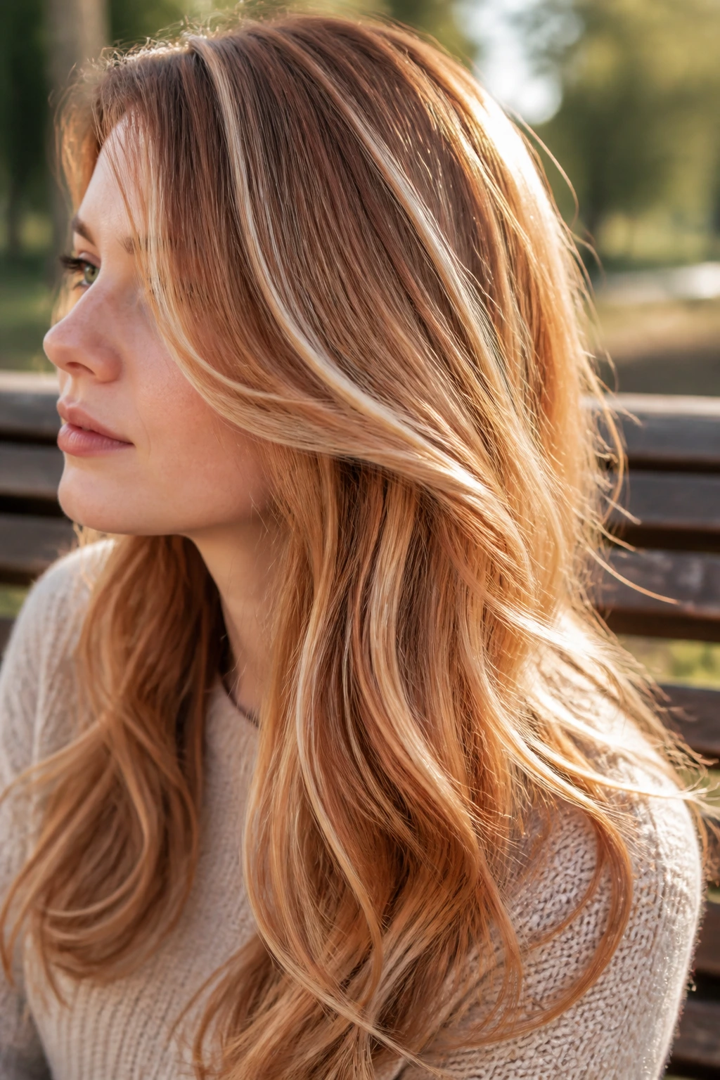 Close-up of a real woman with golden strawberry ribbon highlights