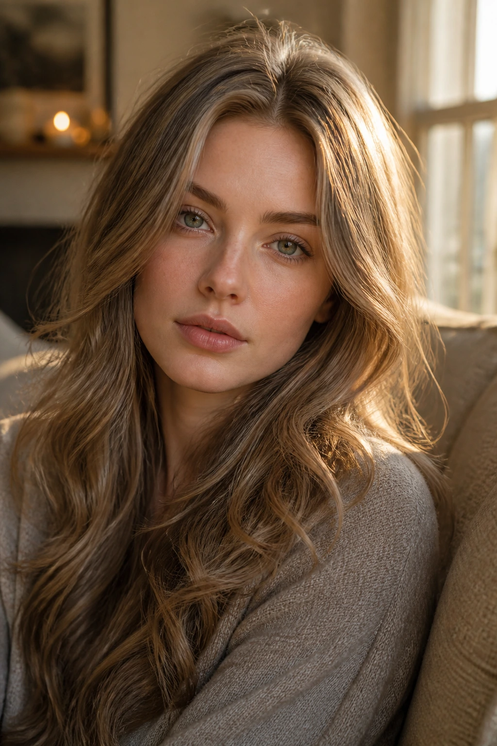 Close-up portrait of a real person with toned-down golden taupe hair