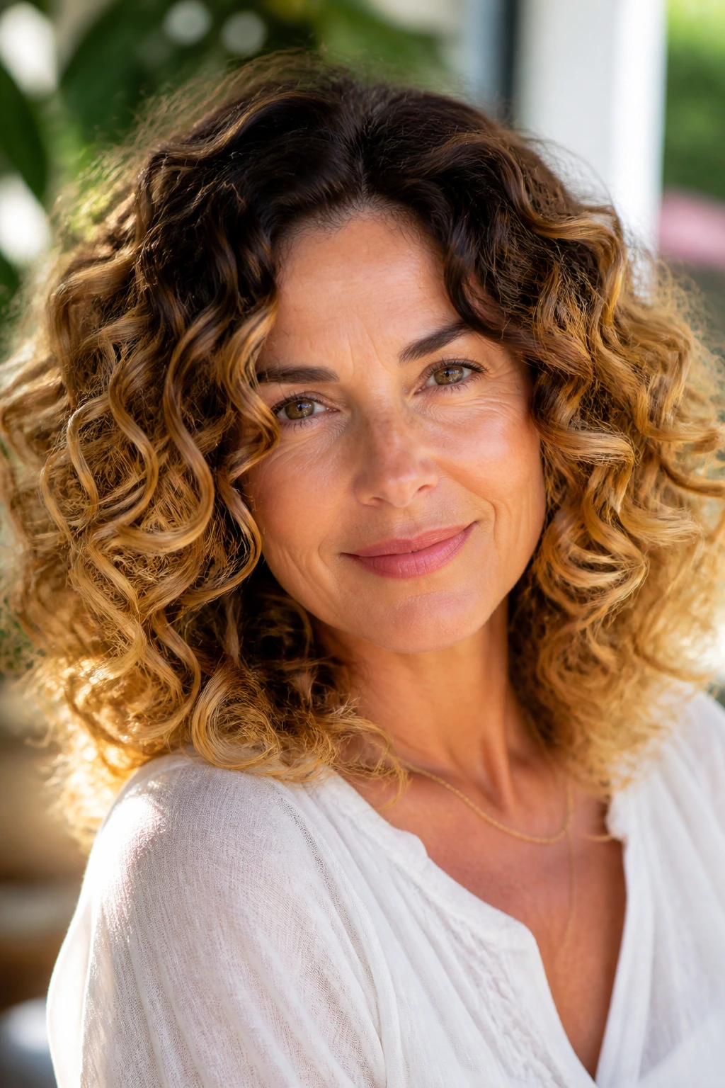 Close-up of a woman with bouncy curls and golden tips in sunny light.