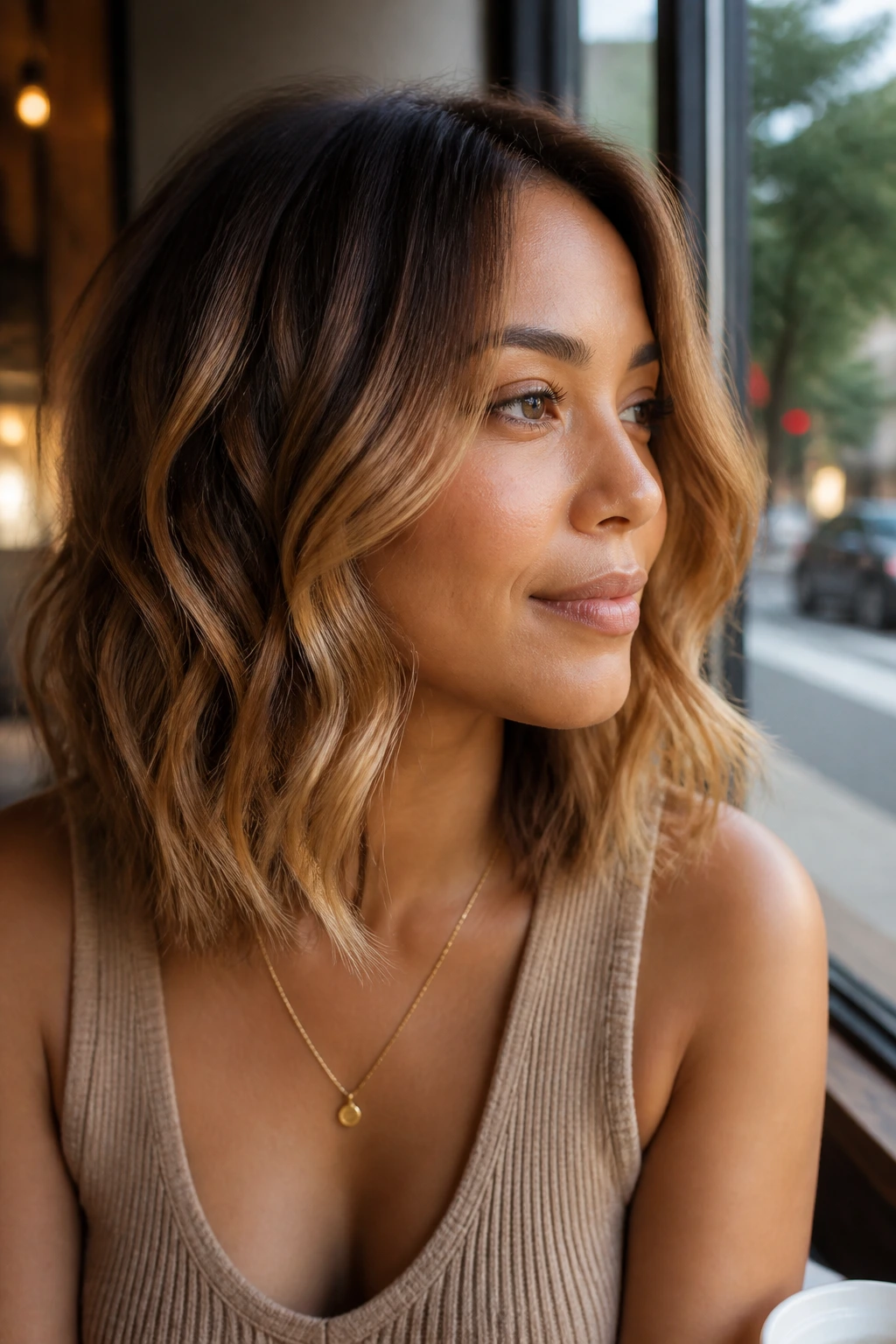 Lob haircut with golden toffee balayage and soft S-waves on a real person.