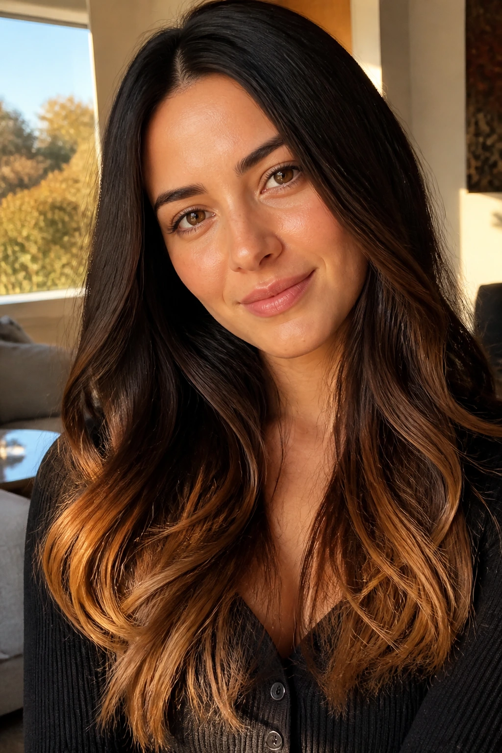 Long hair with golden-toffee ends seen in warm window light