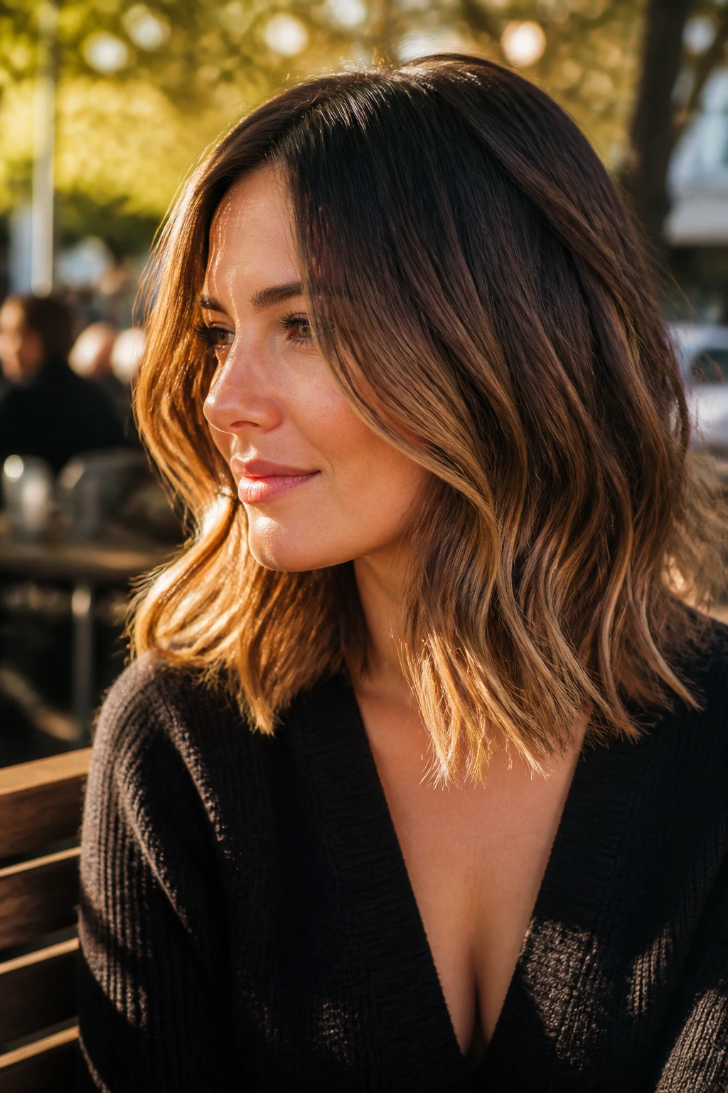 Close-up of a real woman with golden toffee lob and subtle waves in sunlit light